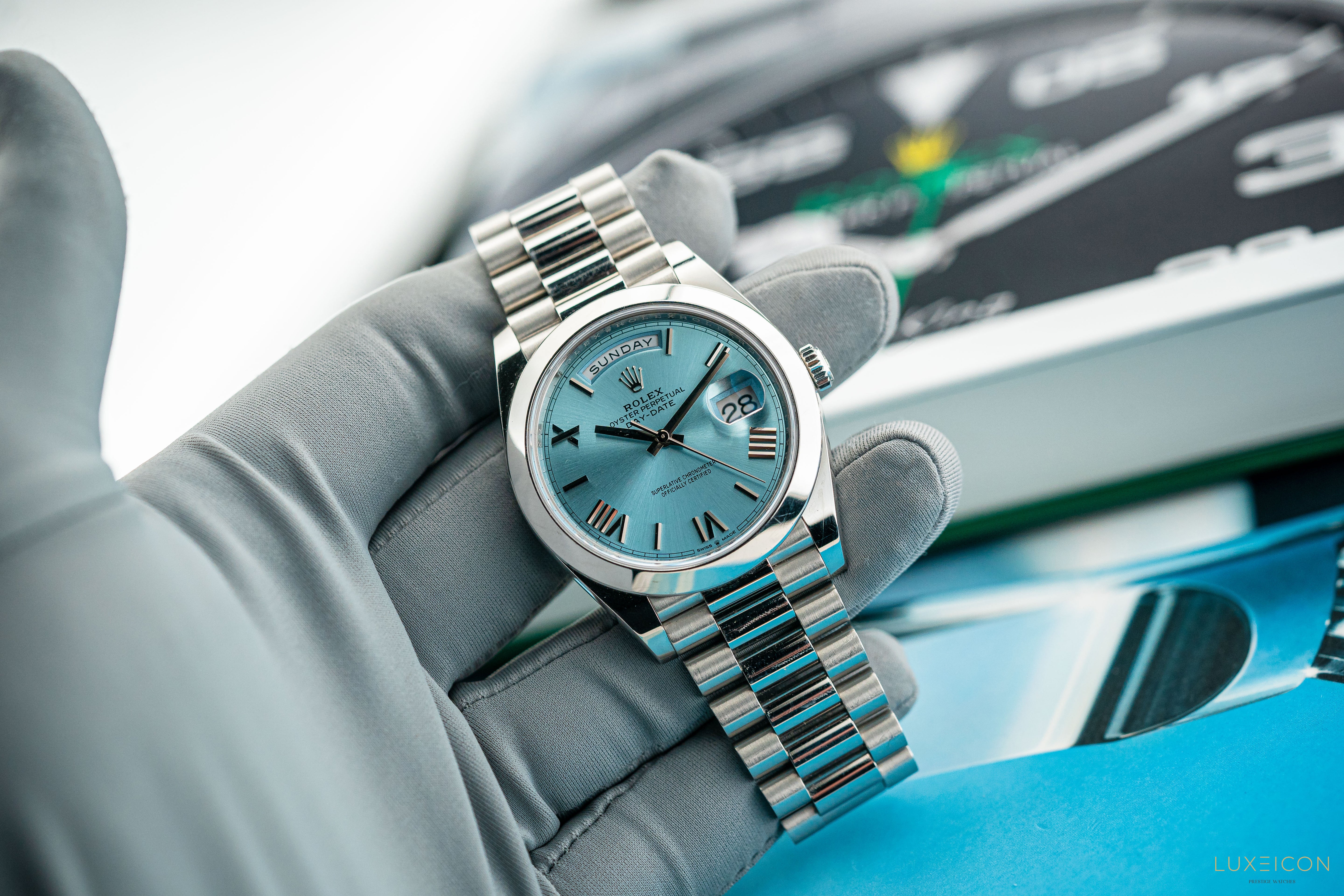 Rolex Day-Date 40 228206 Platinum President Ice Blue Silver Roman Dial