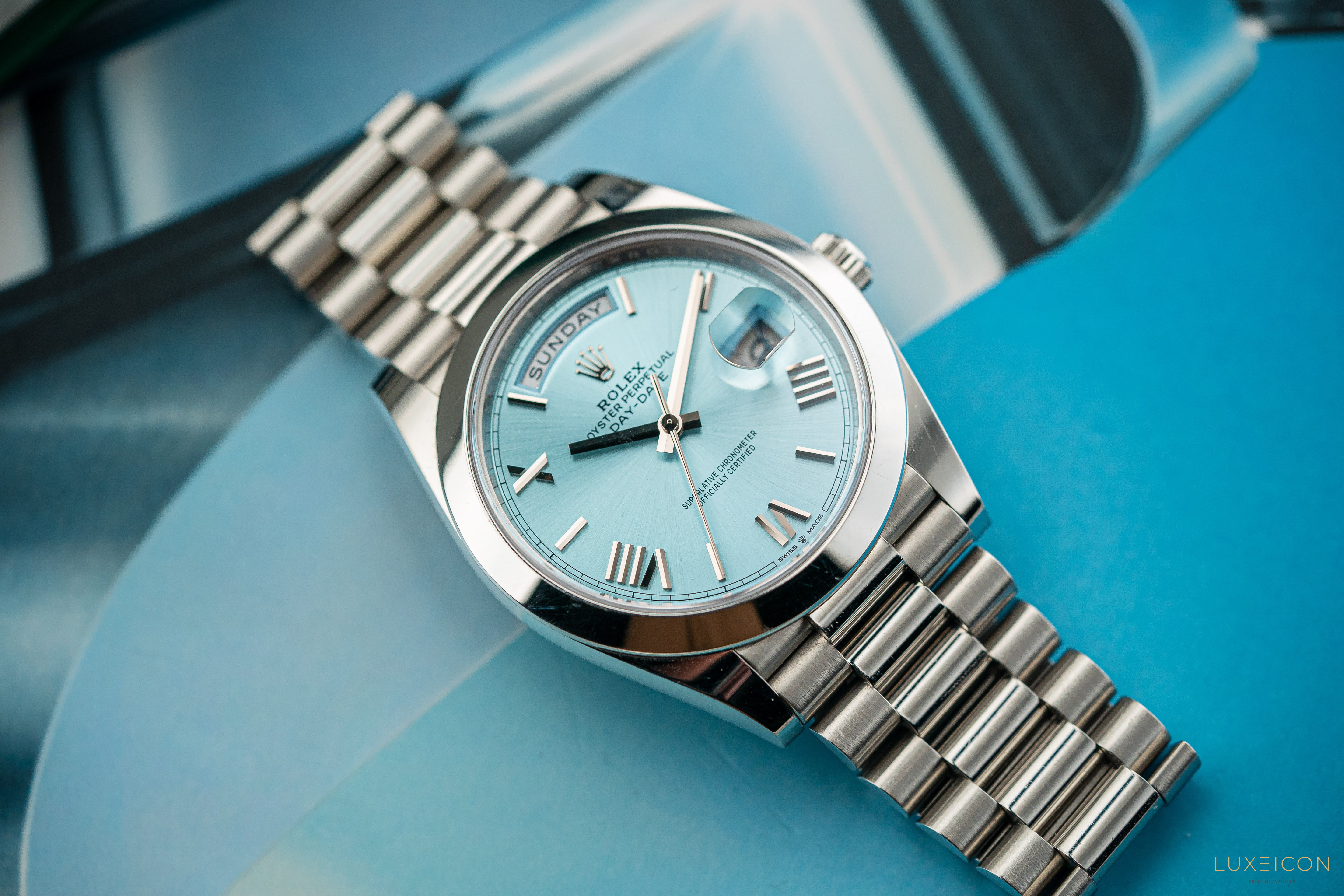 Rolex Day-Date 40 228206 Platinum President Ice Blue Silver Roman Dial