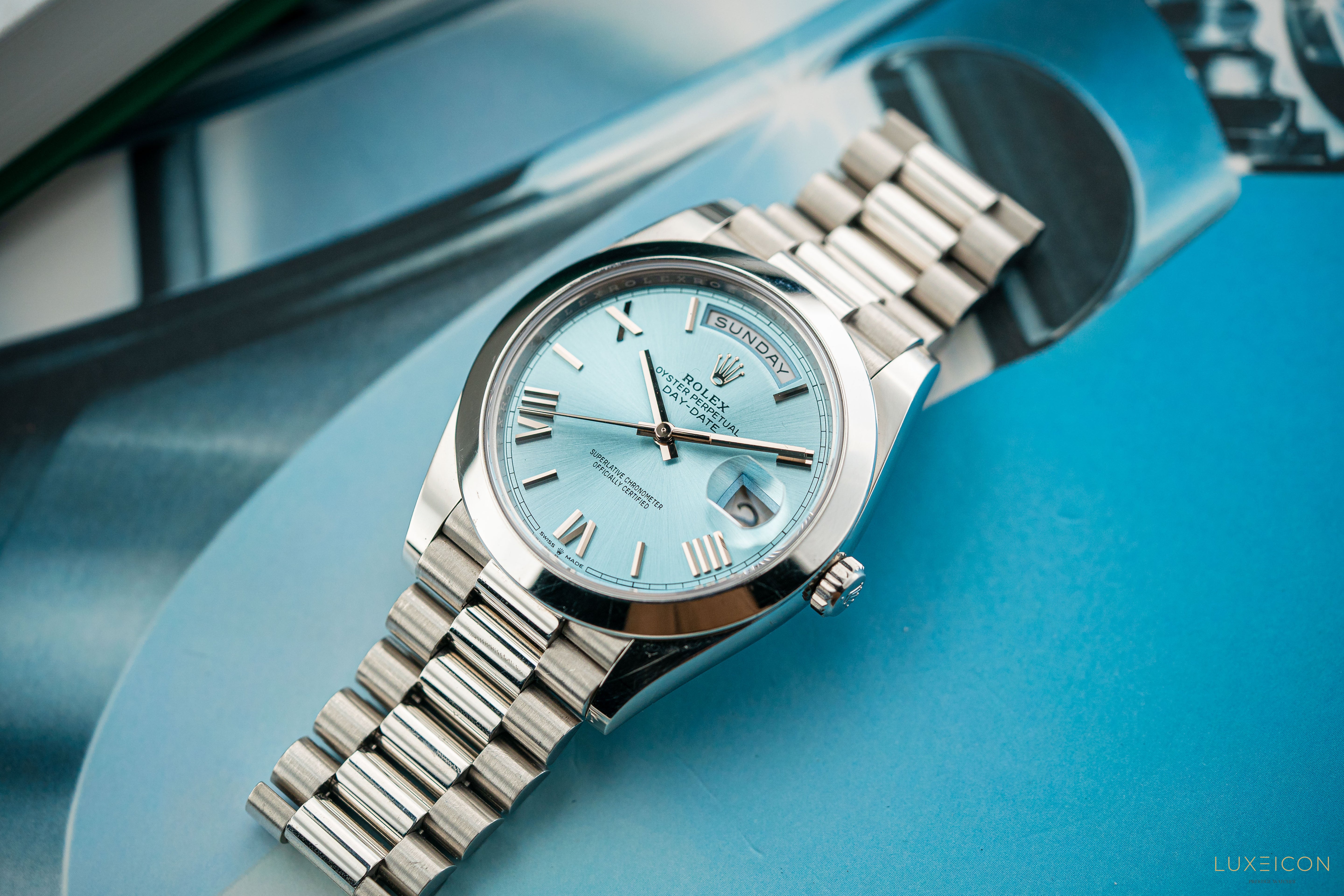 Rolex Day-Date 40 228206 Platinum President Ice Blue Silver Roman Dial