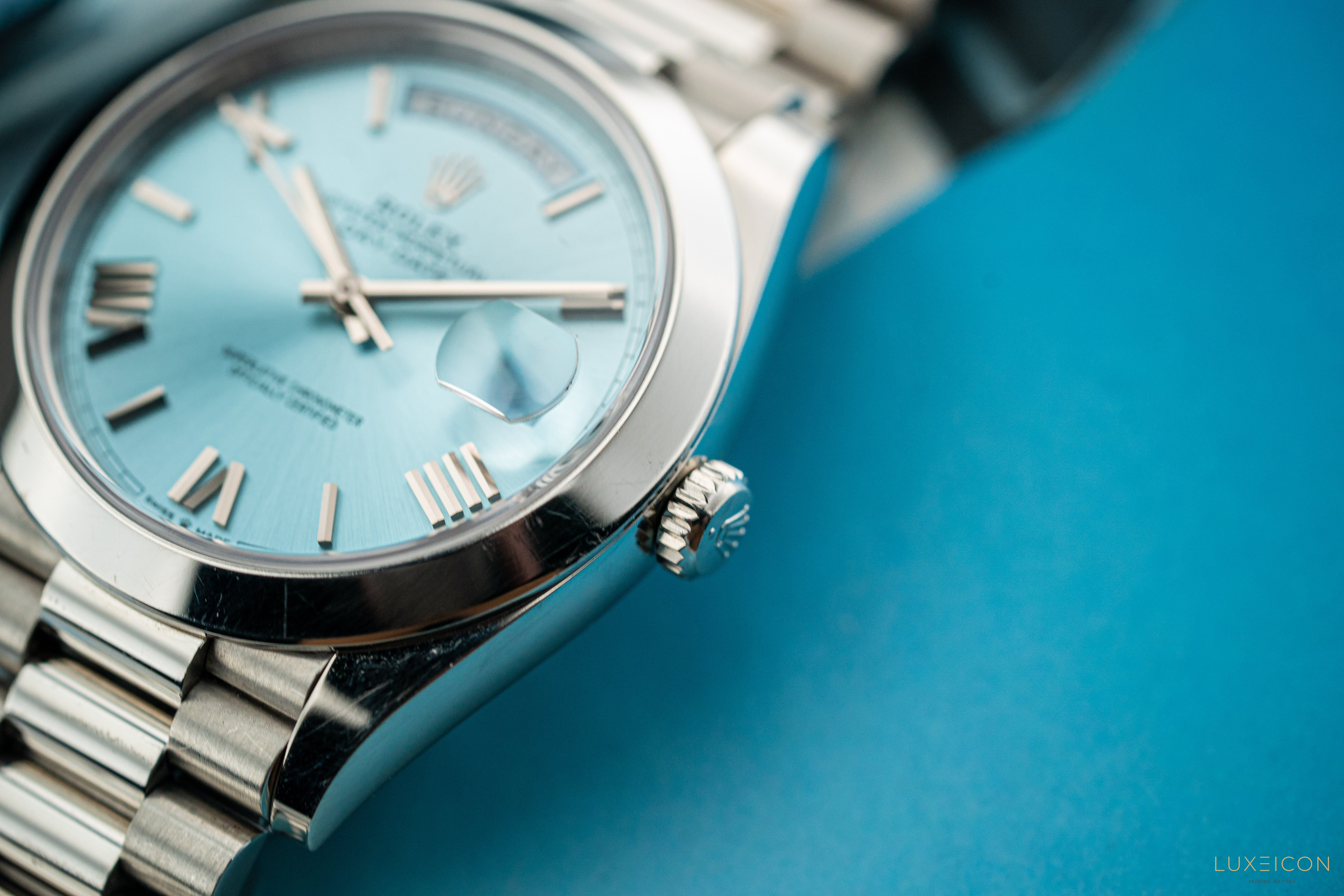 Rolex Day-Date 40 228206 Platinum President Ice Blue Silver Roman Dial