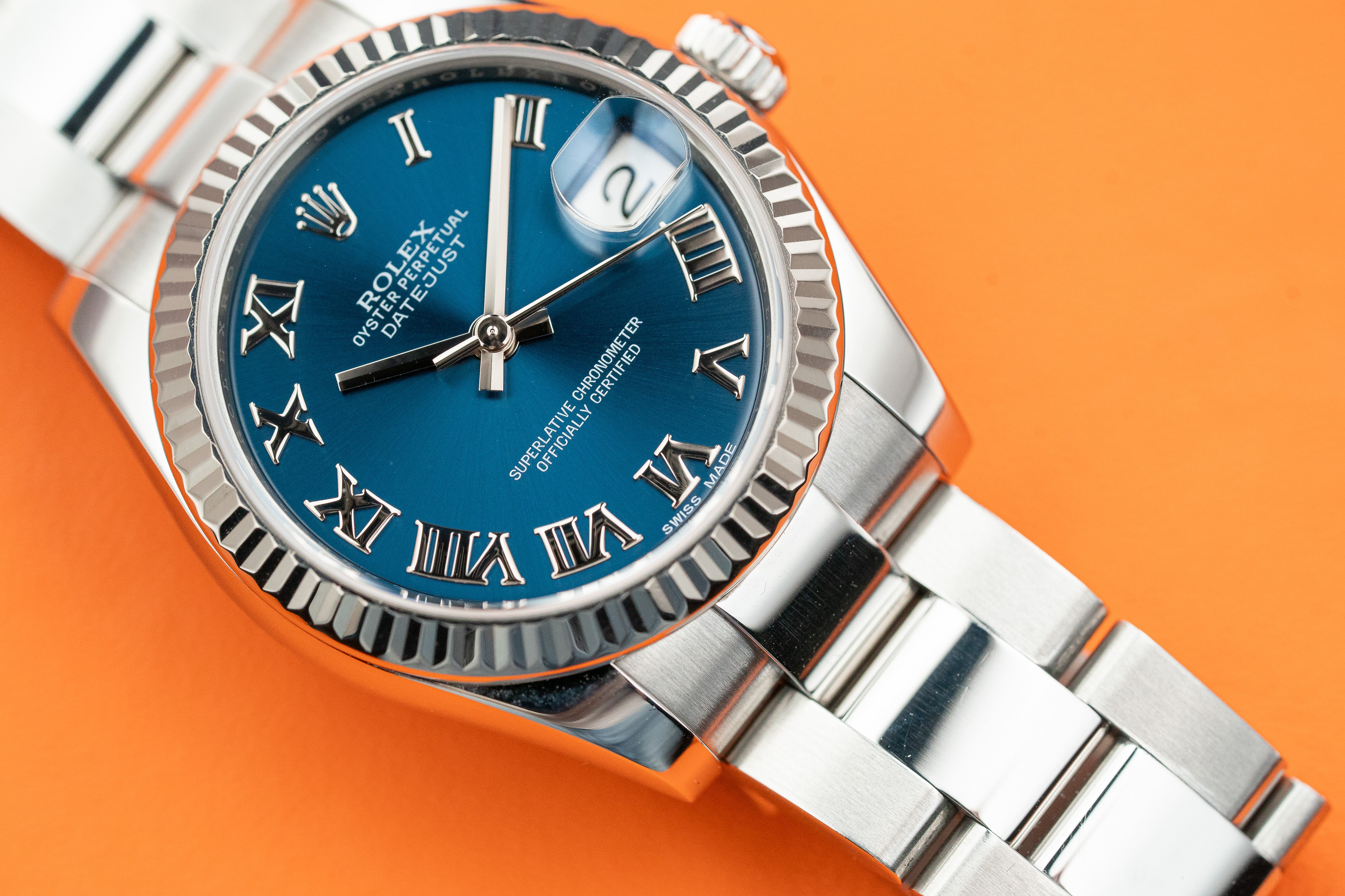 Rolex Datejust 31mm 178274 Fluted Bezel 18k White Gold Blue Roman numerals Oyster Bracelet 2015