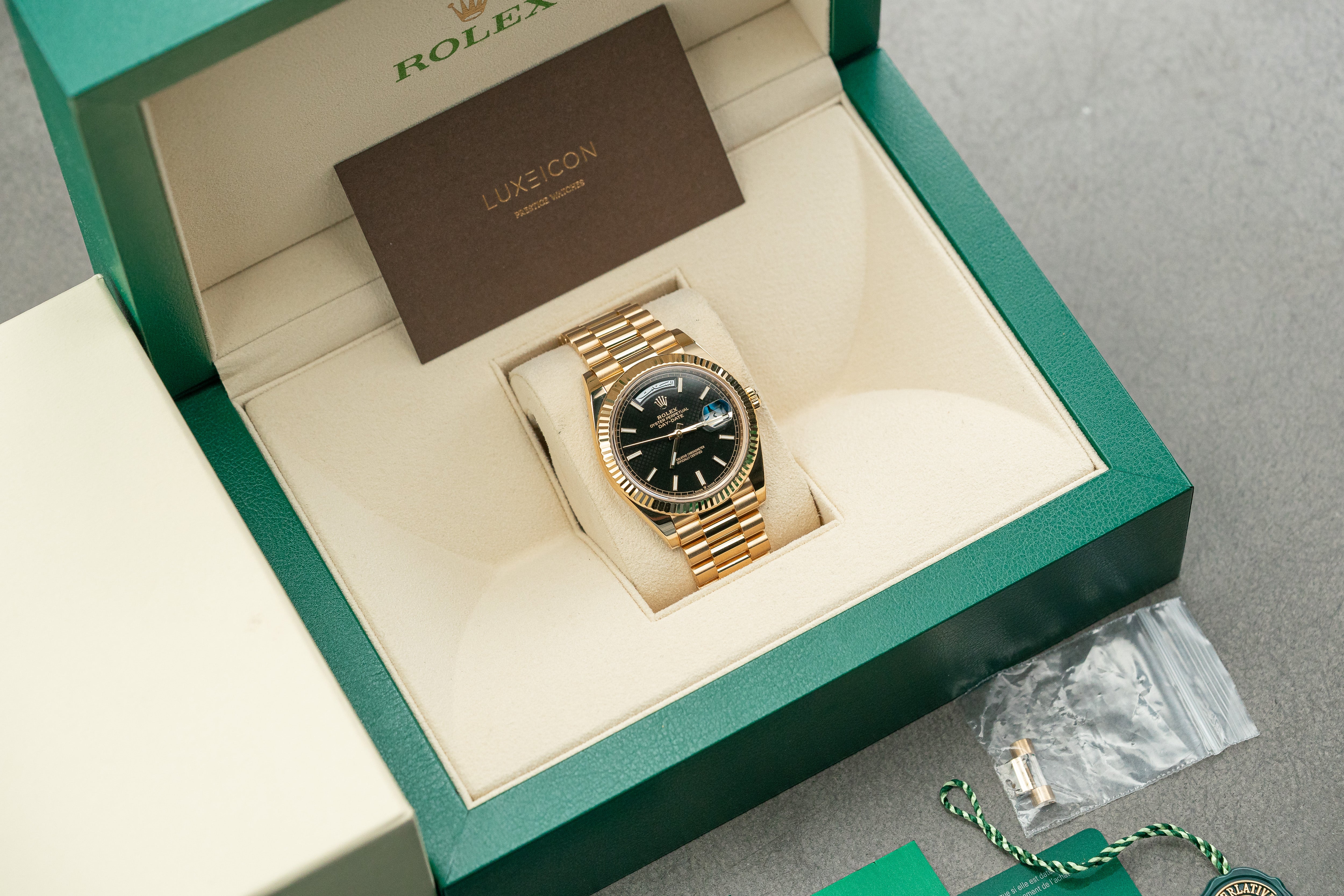 Rolex Day-Date 40mm Presidential Yellow Gold Black Motif Index Dial Fluted Bezel Arabic 228238