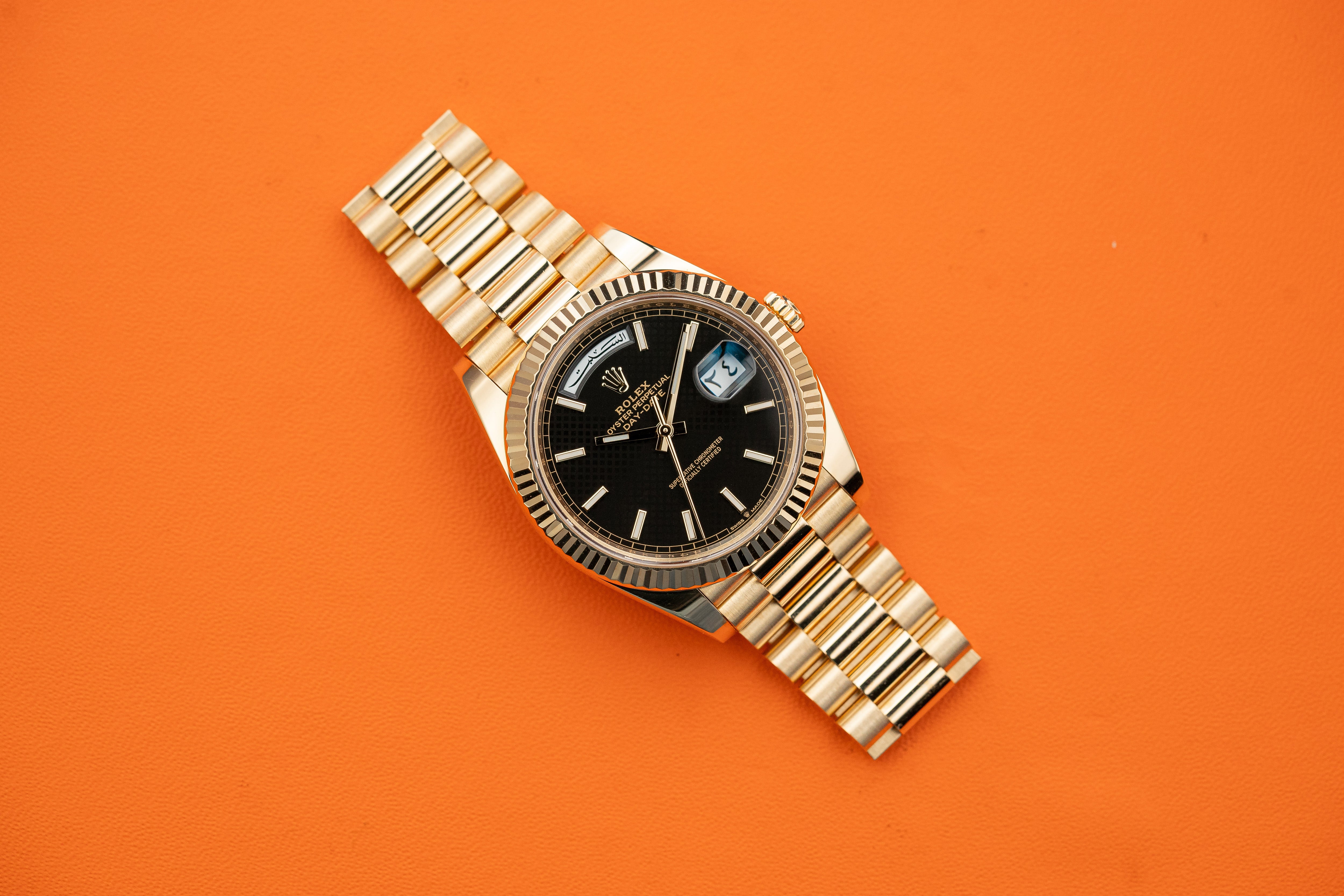 Rolex Day-Date 40mm Presidential Yellow Gold Black Motif Index Dial Fluted Bezel Arabic 228238