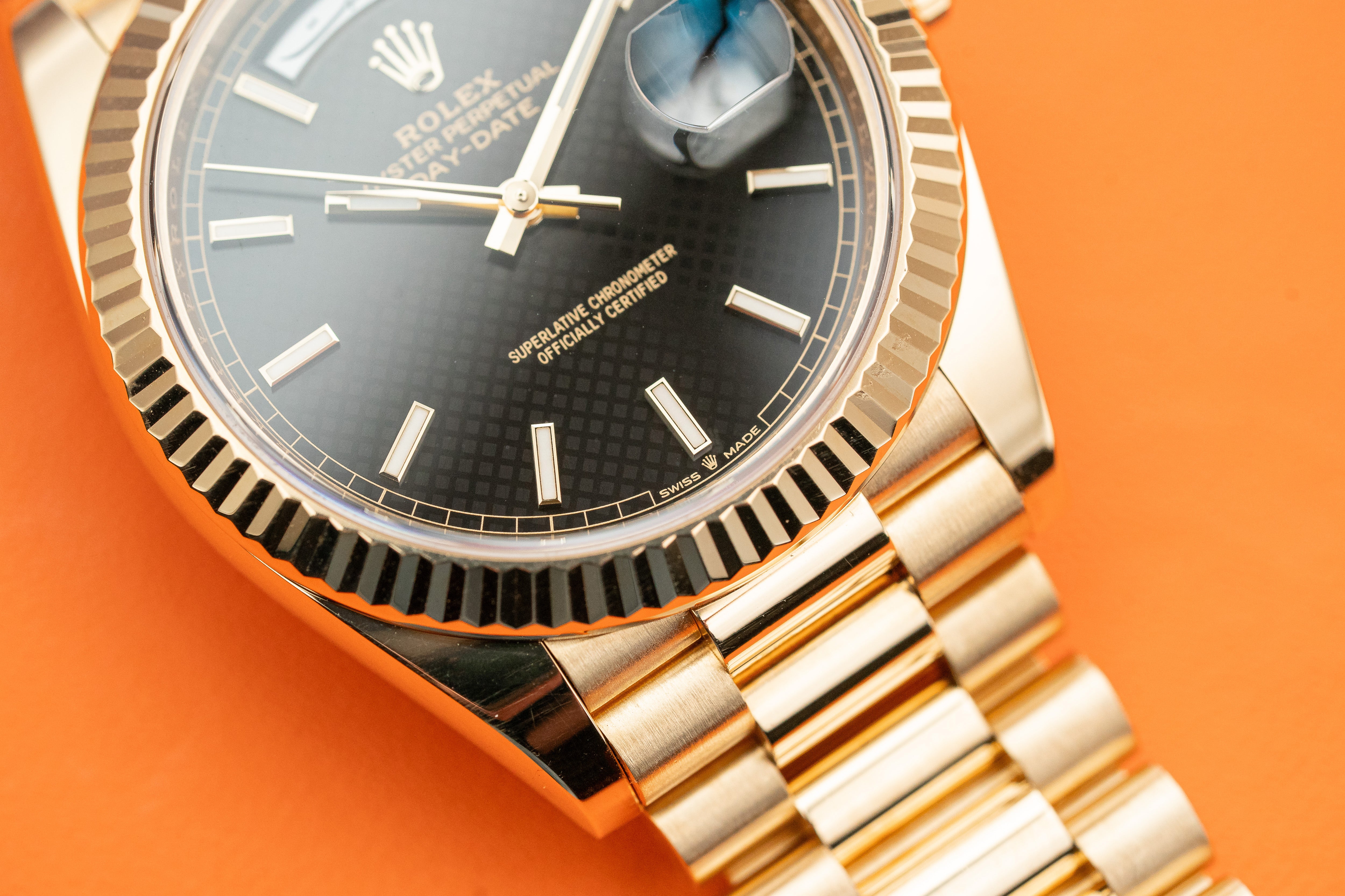 Rolex Day-Date 40mm Presidential Yellow Gold Black Motif Index Dial Fluted Bezel Arabic 228238