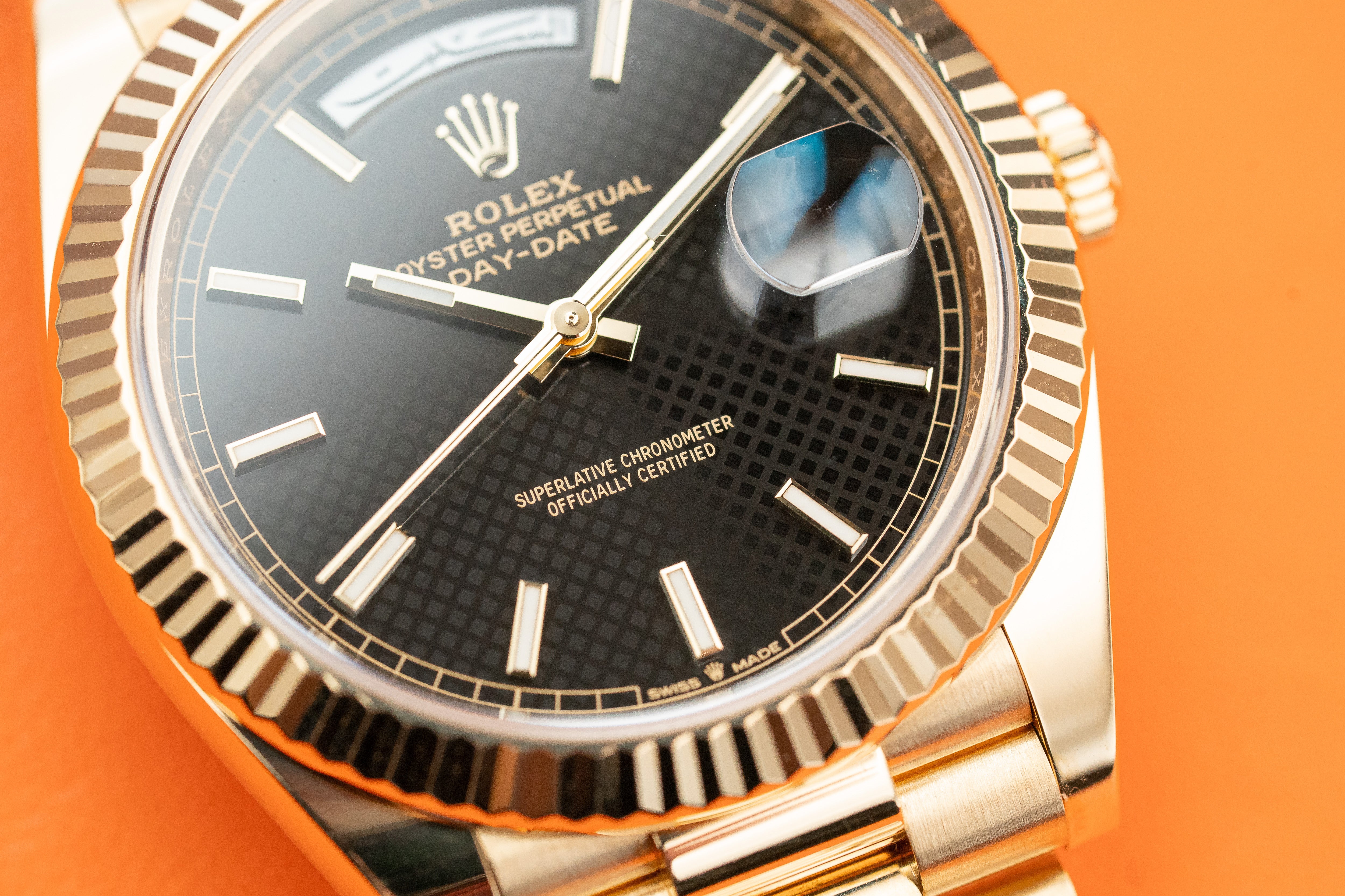 Rolex Day-Date 40mm Presidential Yellow Gold Black Motif Index Dial Fluted Bezel Arabic 228238