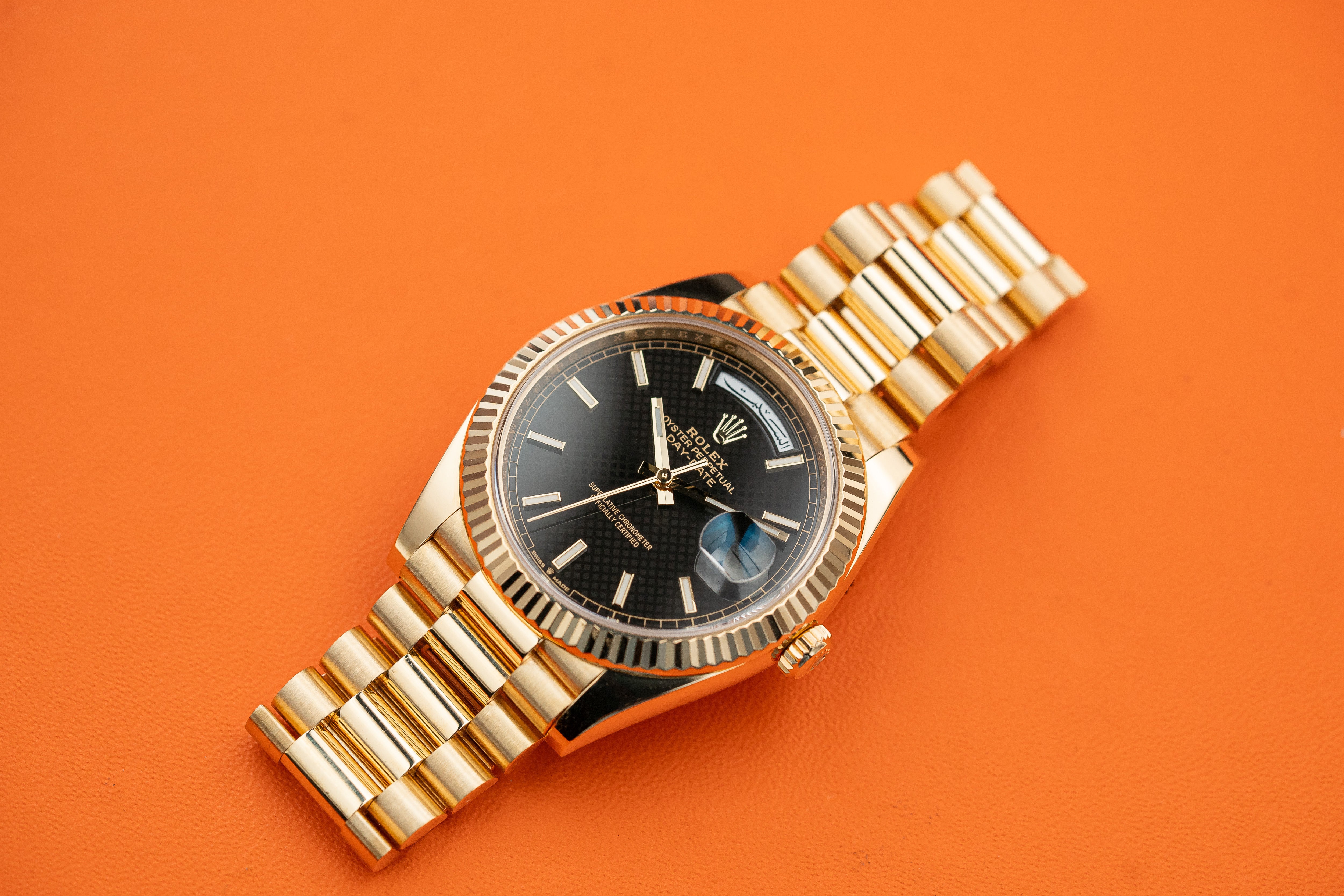 Rolex Day-Date 40mm Presidential Yellow Gold Black Motif Index Dial Fluted Bezel Arabic 228238