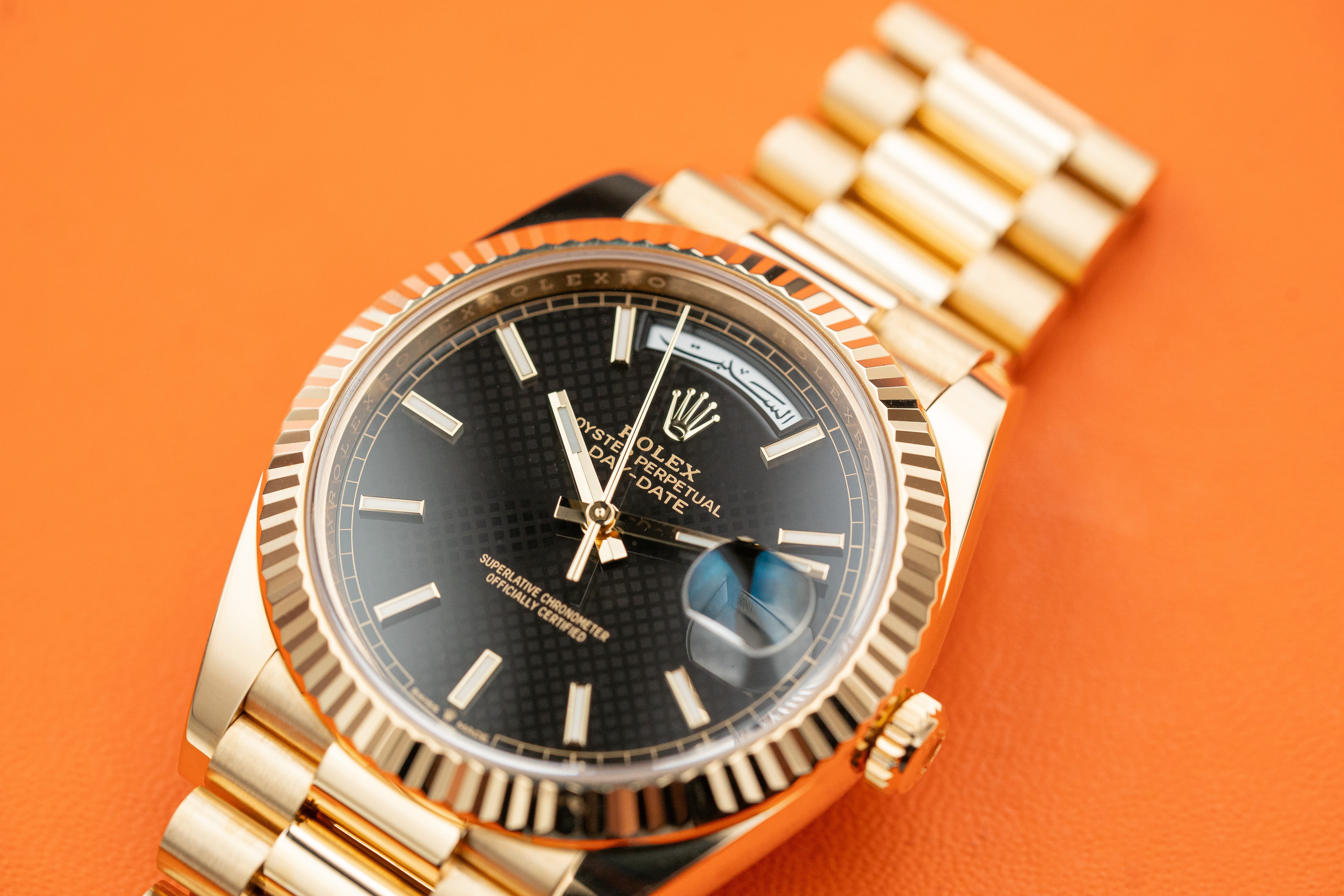 Rolex Day-Date 40mm Presidential Yellow Gold Black Motif Index Dial Fluted Bezel Arabic 228238