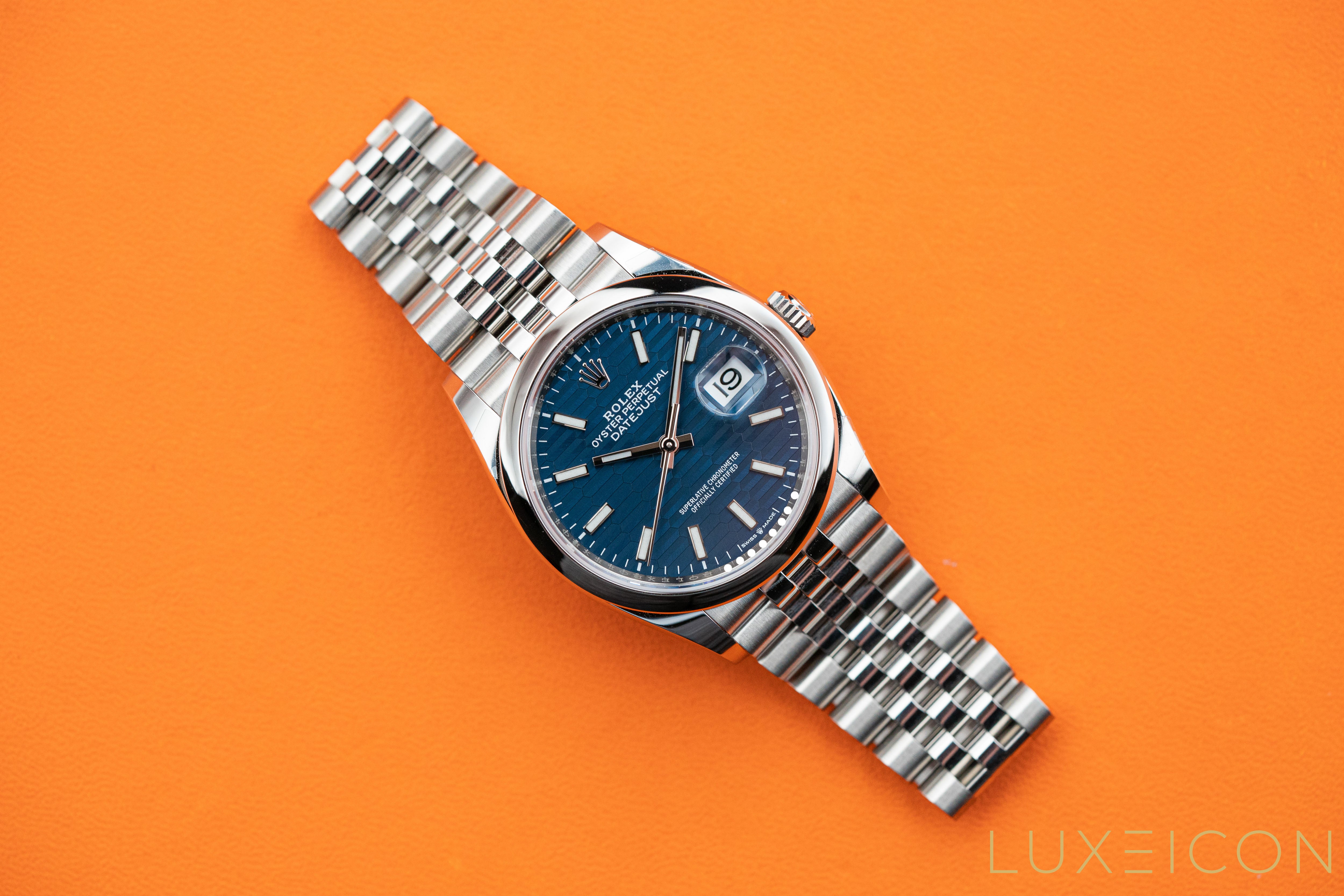 Rolex Datejust 36mm 126200 Blue Motif Smooth Bezel Jubilee 2023