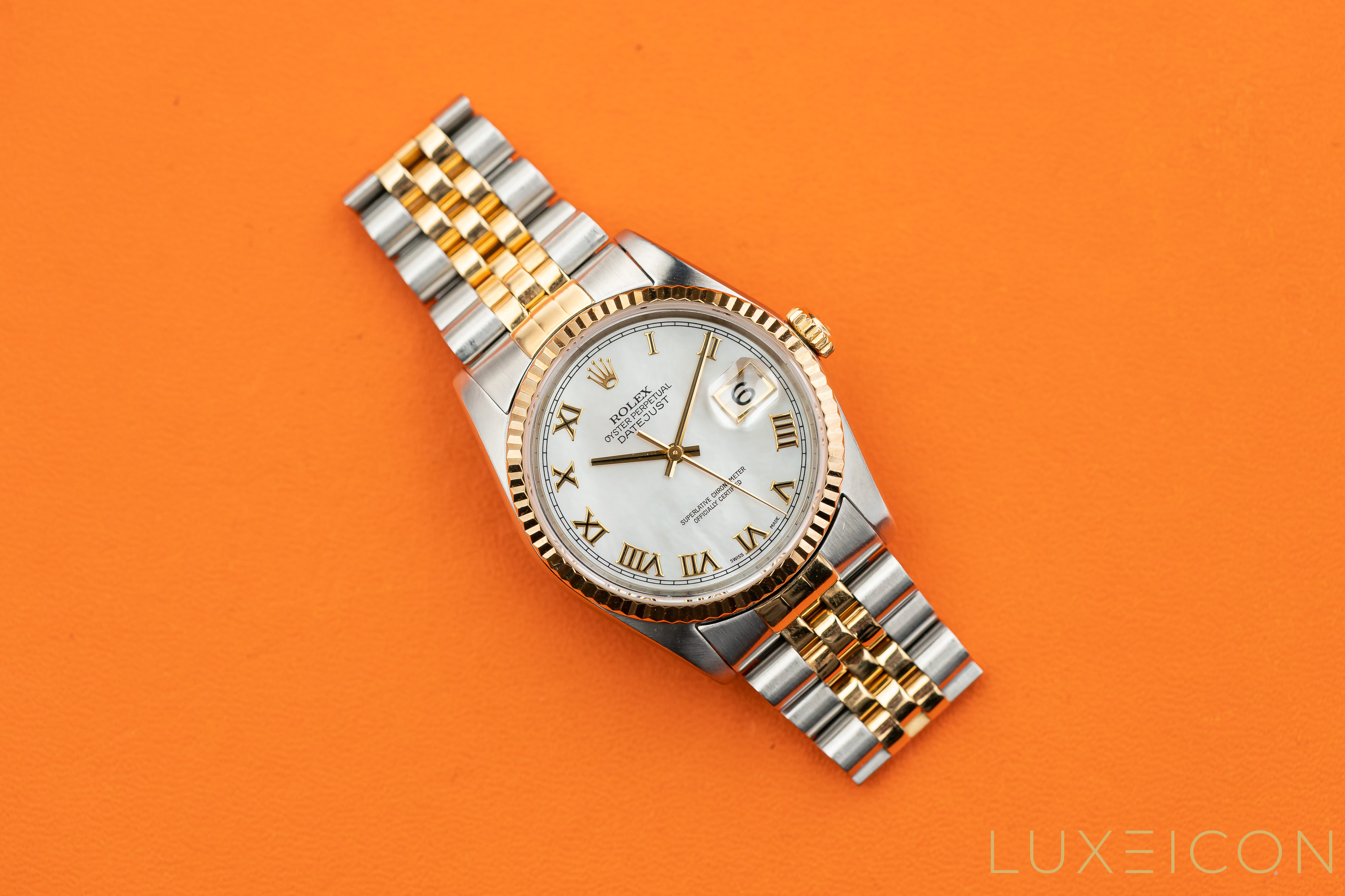 Rolex Datejust 36 16233 Factory Mop Roman Dial 18k Yellow Gold & Steel Watch