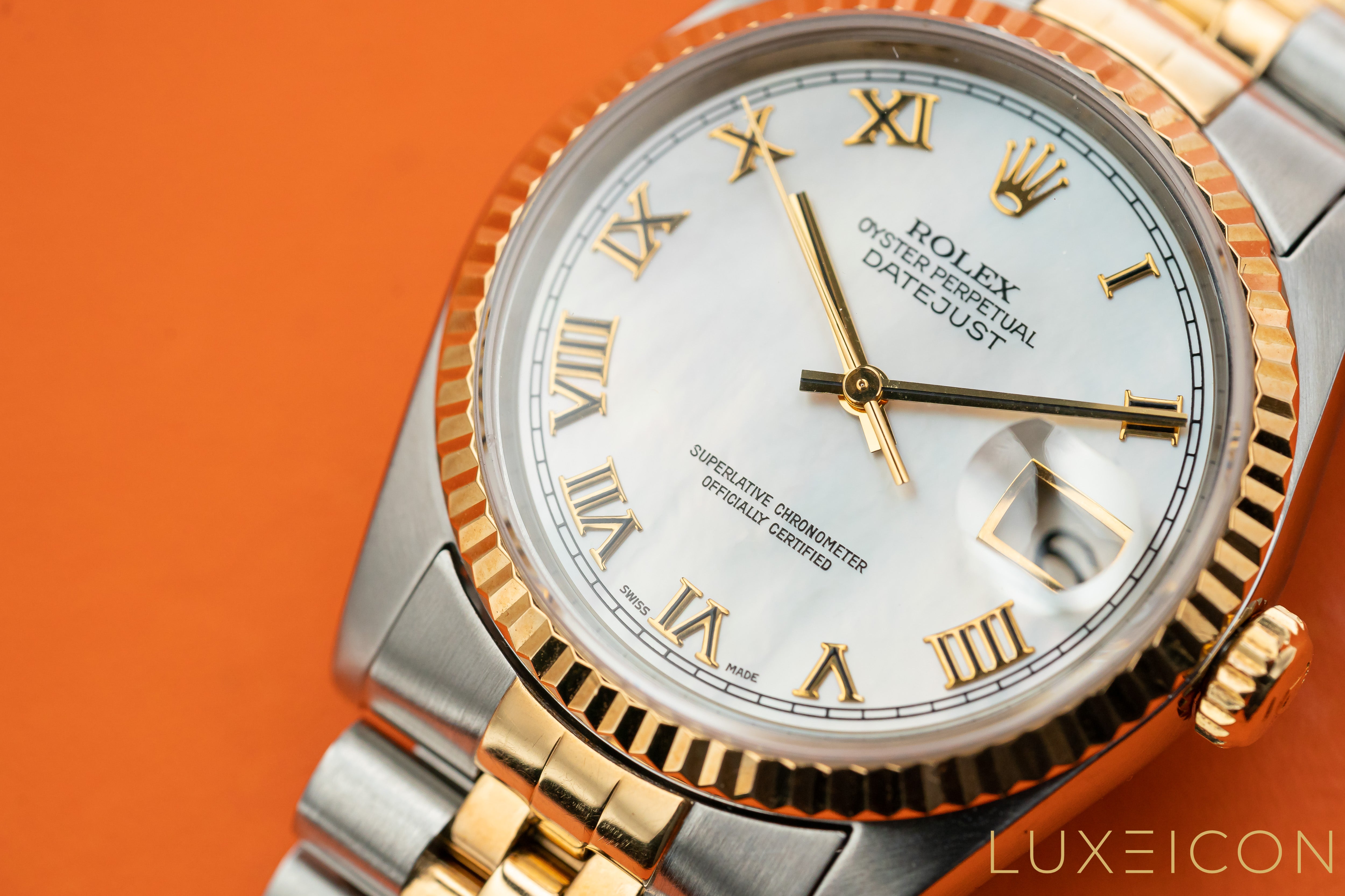 Rolex Datejust 36 16233 Factory Mop Roman Dial 18k Yellow Gold & Steel Watch