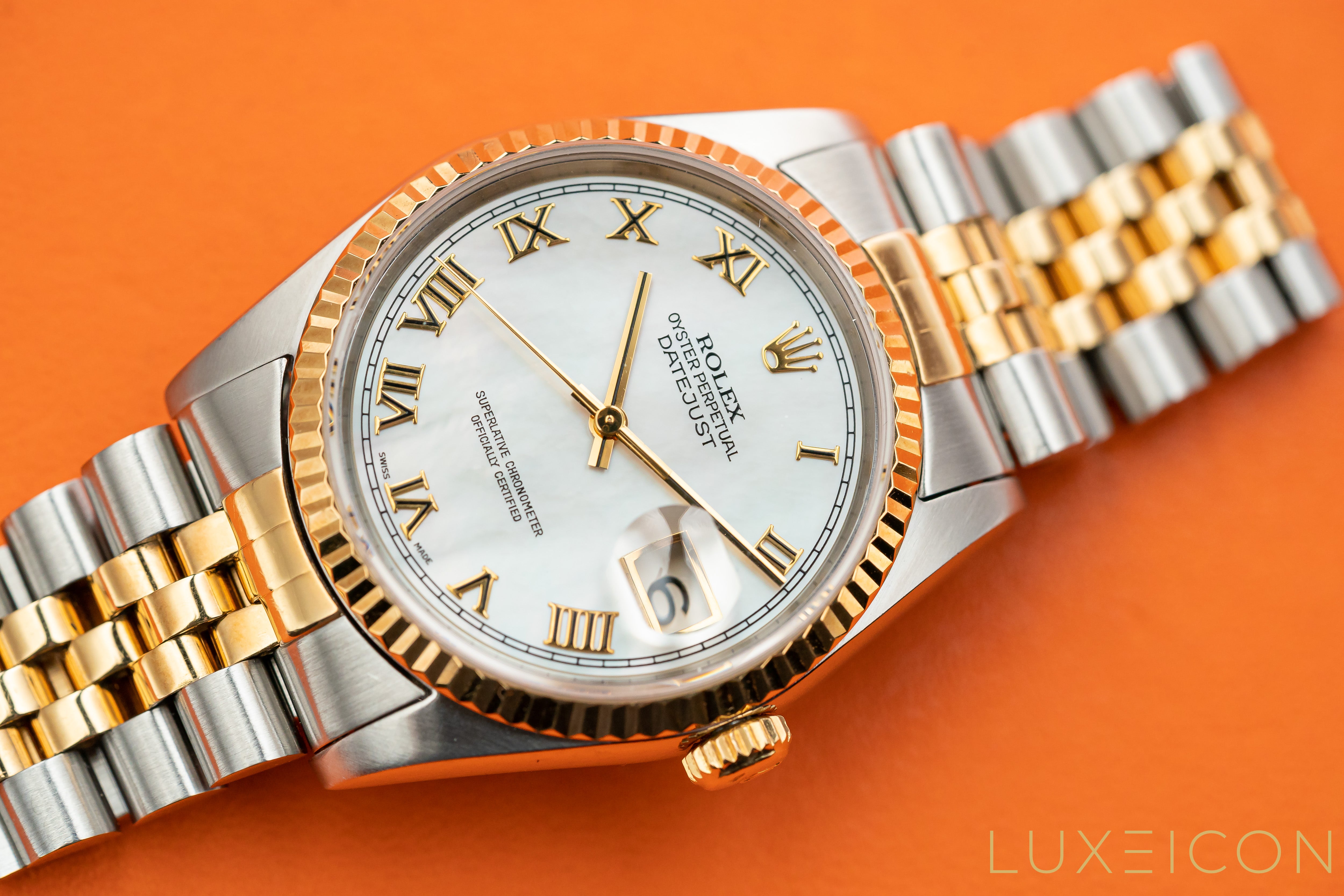 Rolex Datejust 36 16233 Factory Mop Roman Dial 18k Yellow Gold & Steel Watch