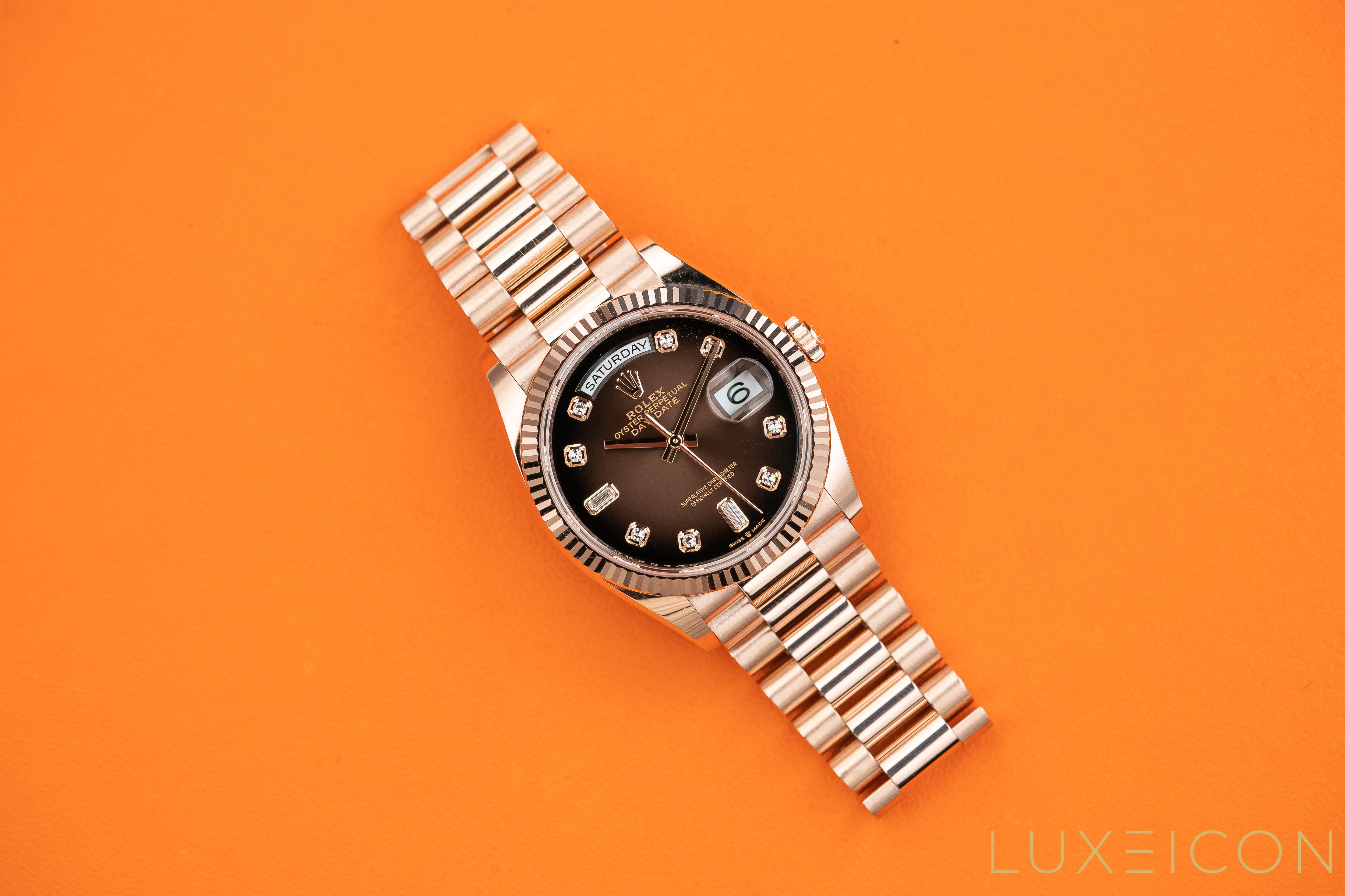 Rolex Day-Date 36 Everose gold President 128235 Brown Ombre Fume Diamond Dial