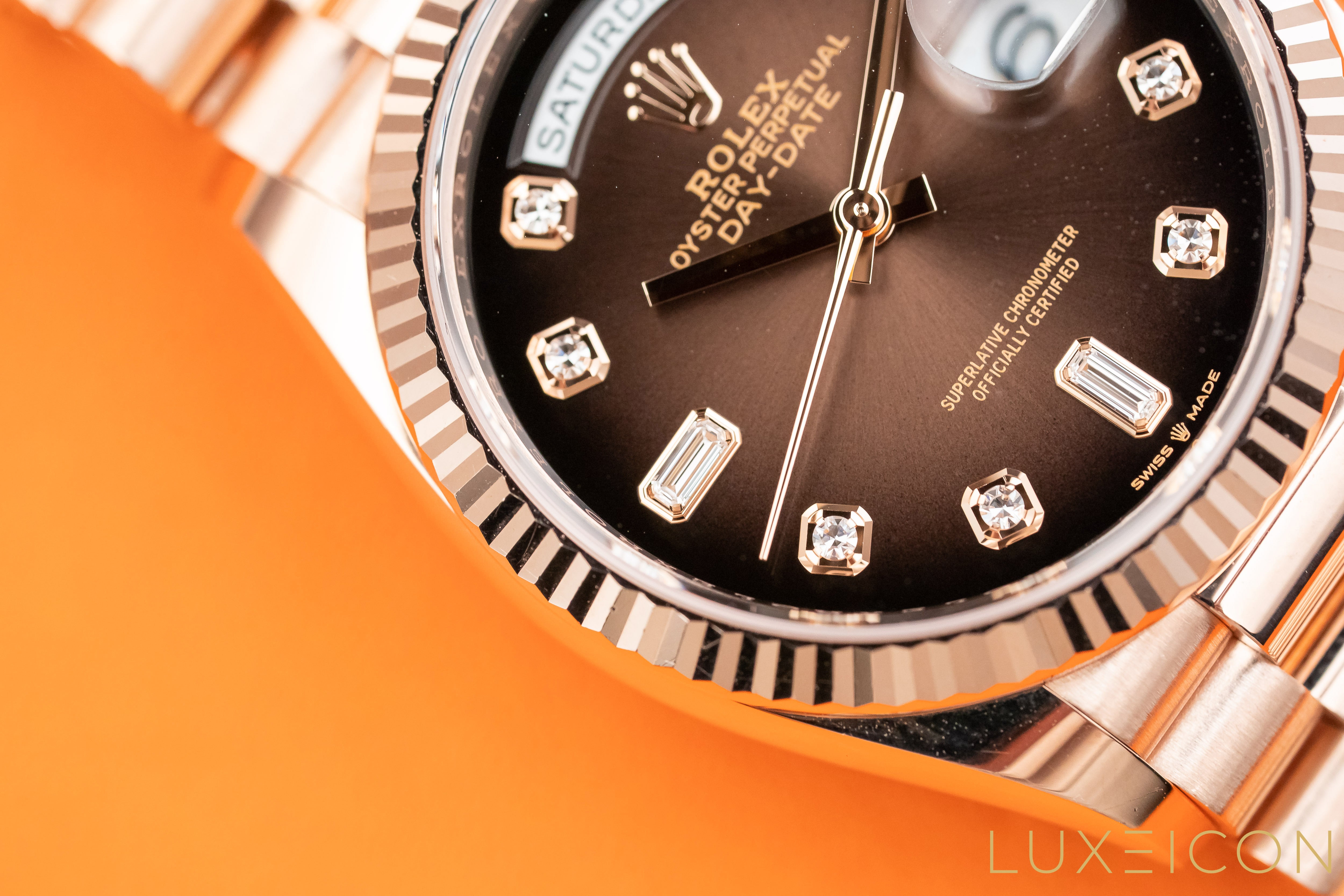 Rolex Day-Date 36 Everose gold President 128235 Brown Ombre Fume Diamond Dial