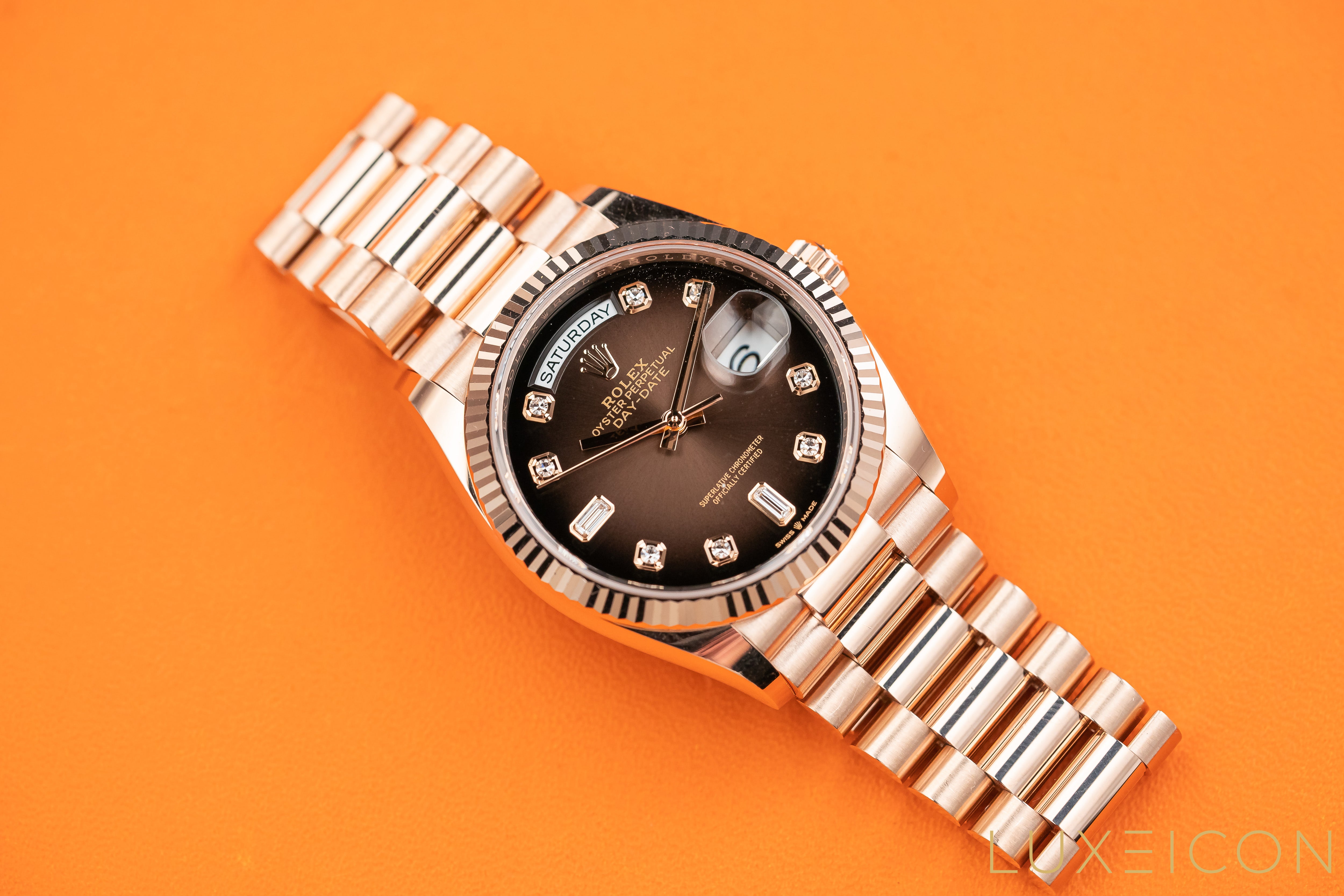 Rolex Day-Date 36 Everose gold President 128235 Brown Ombre Fume Diamond Dial