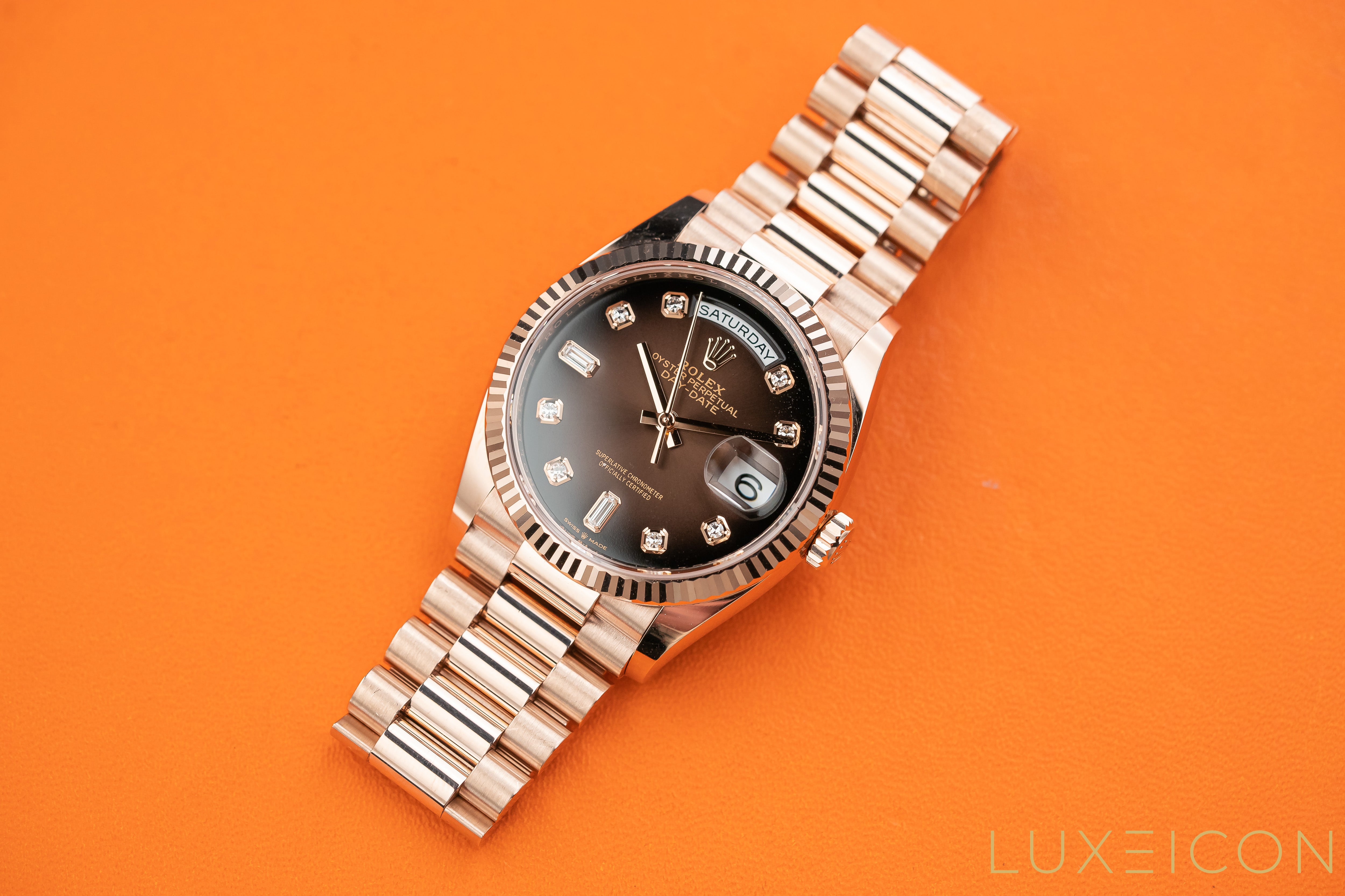 Rolex Day-Date 36 Everose gold President 128235 Brown Ombre Fume Diamond Dial