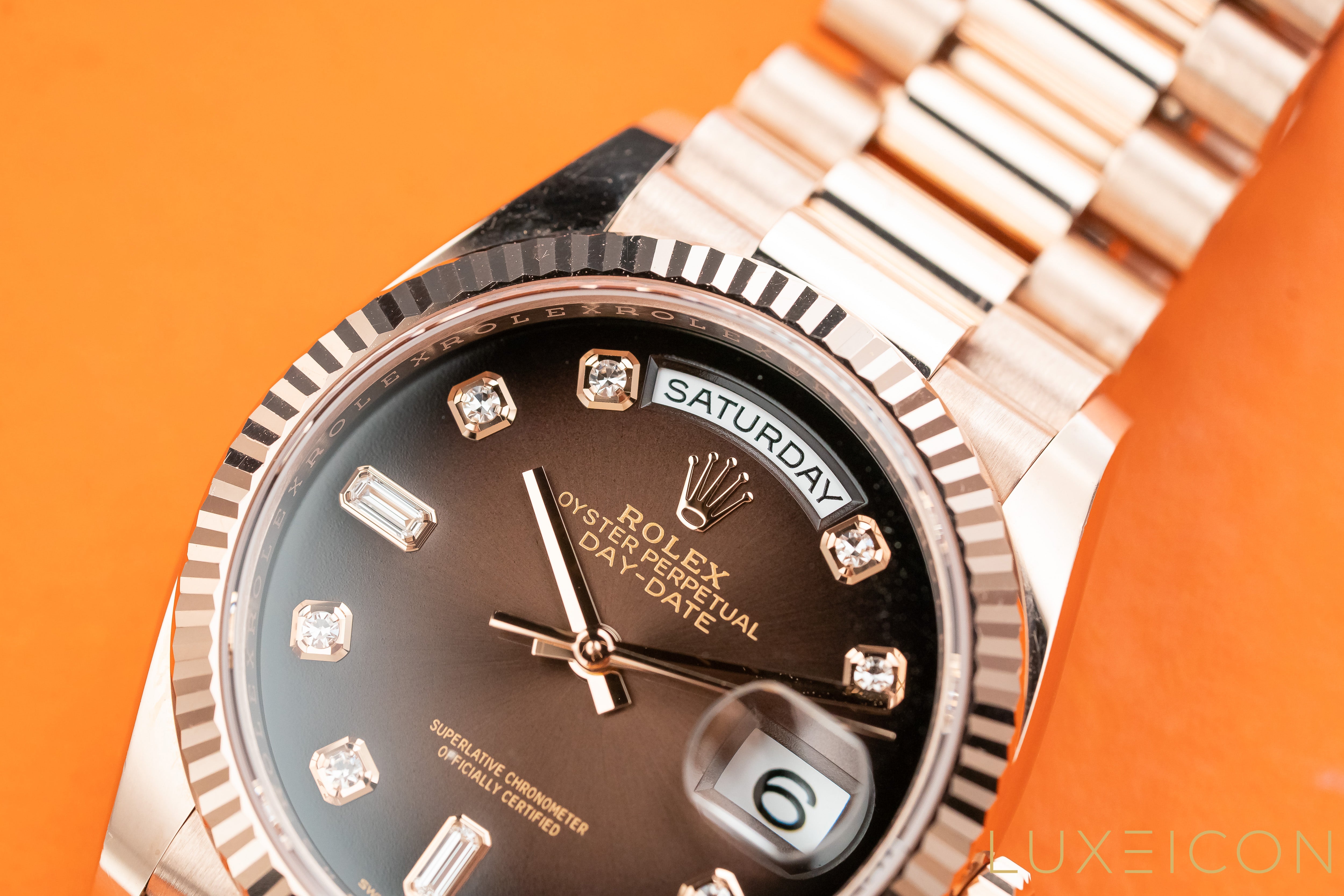 Rolex Day-Date 36 Everose gold President 128235 Brown Ombre Fume Diamond Dial