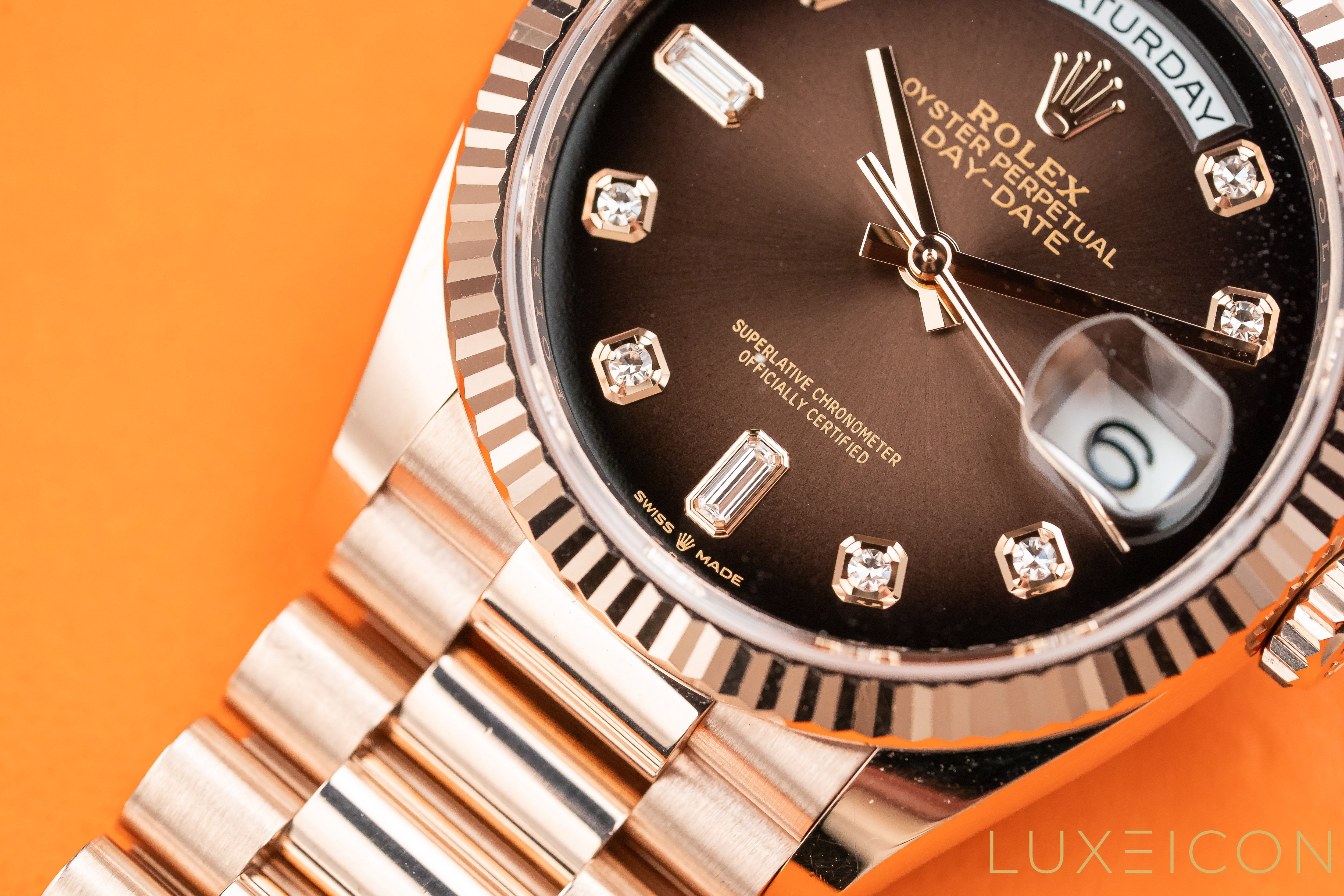 Rolex Day-Date 36 Everose gold President 128235 Brown Ombre Fume Diamond Dial