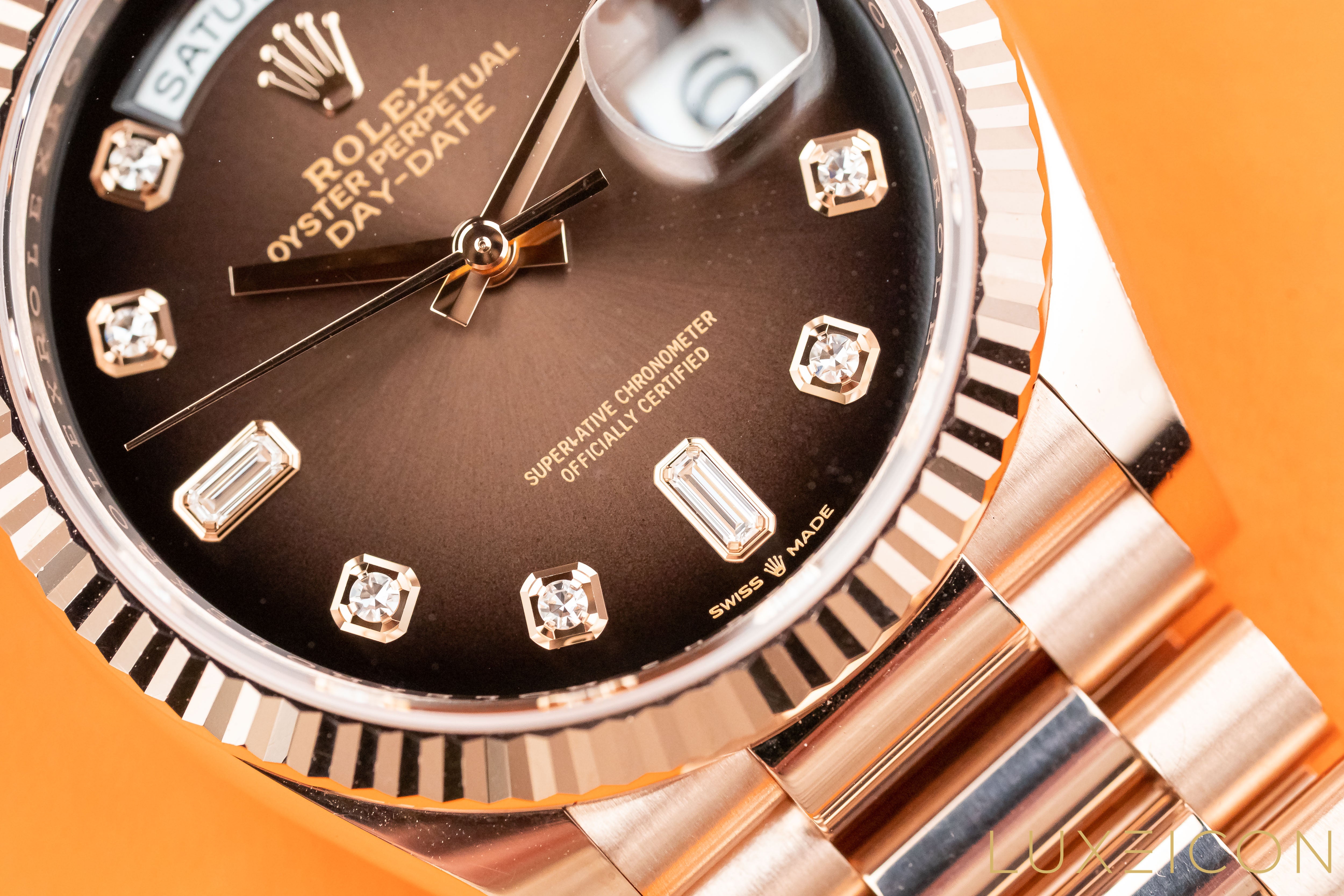 Rolex Day-Date 36 Everose gold President 128235 Brown Ombre Fume Diamond Dial