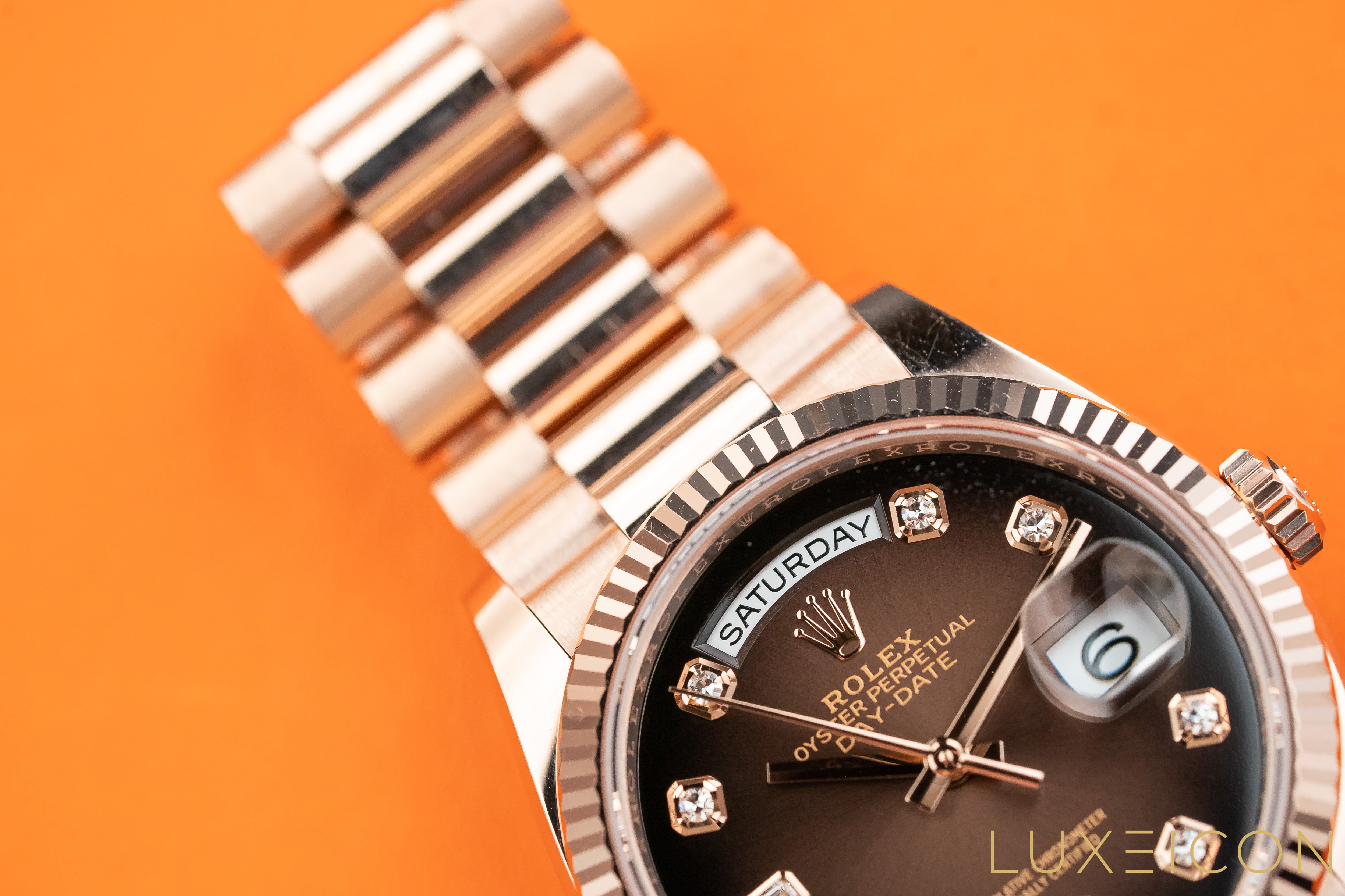 Rolex Day-Date 36 Everose gold President 128235 Brown Ombre Fume Diamond Dial