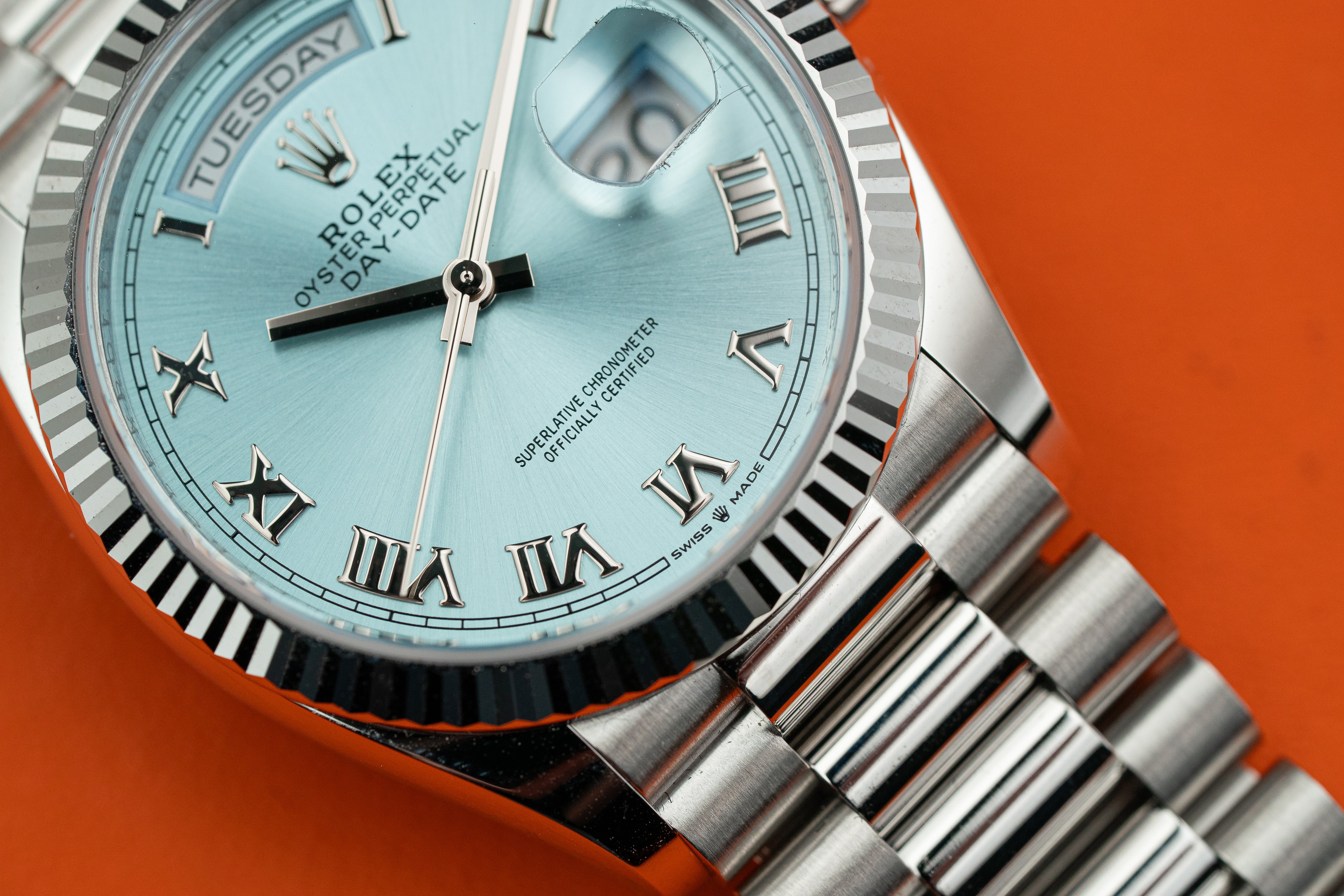 Rolex Day-Date President 128236 36mm Platinum Bracelet Ice Blue Roman Dial