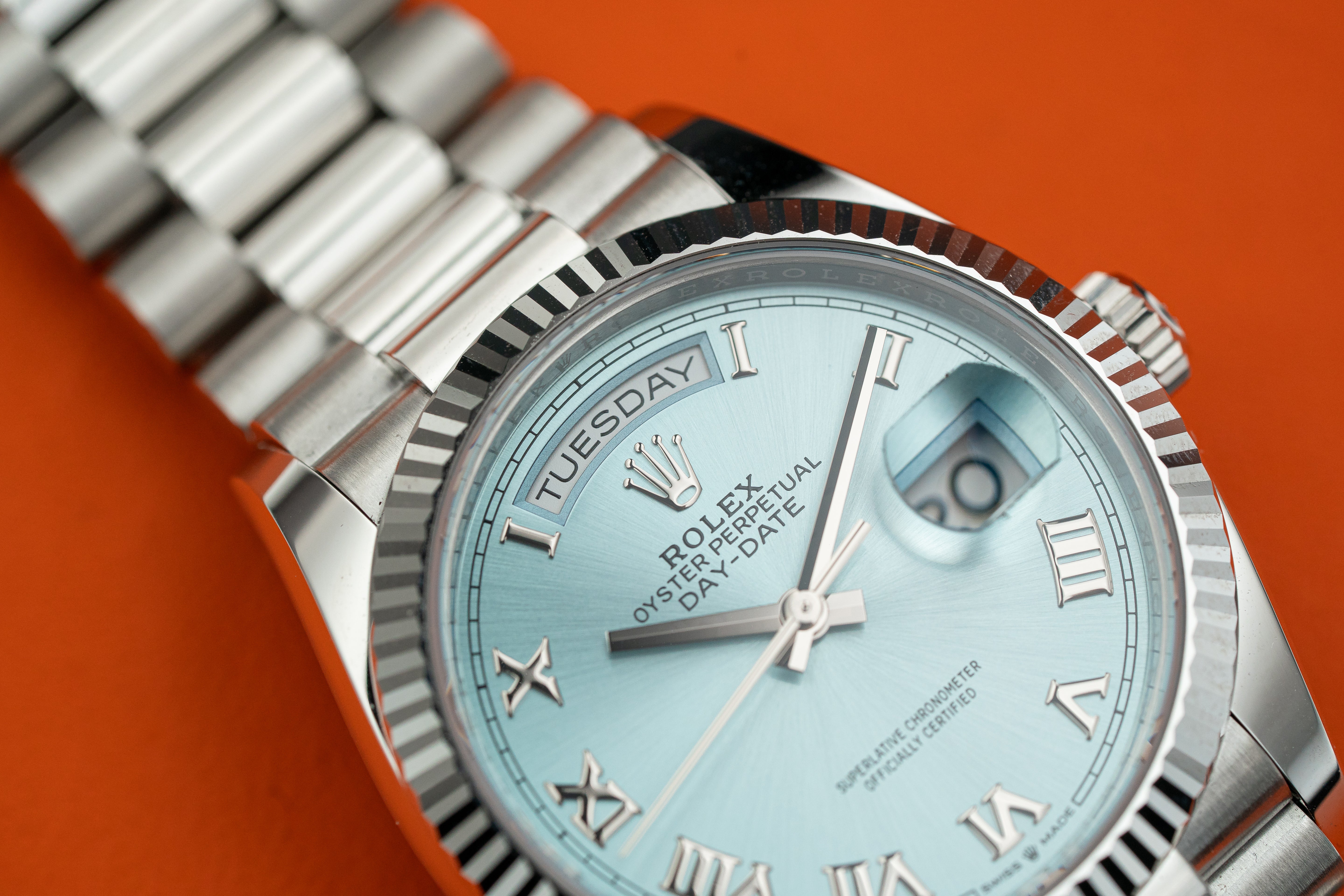 Rolex Day-Date President 128236 36mm Platinum Bracelet Ice Blue Roman Dial