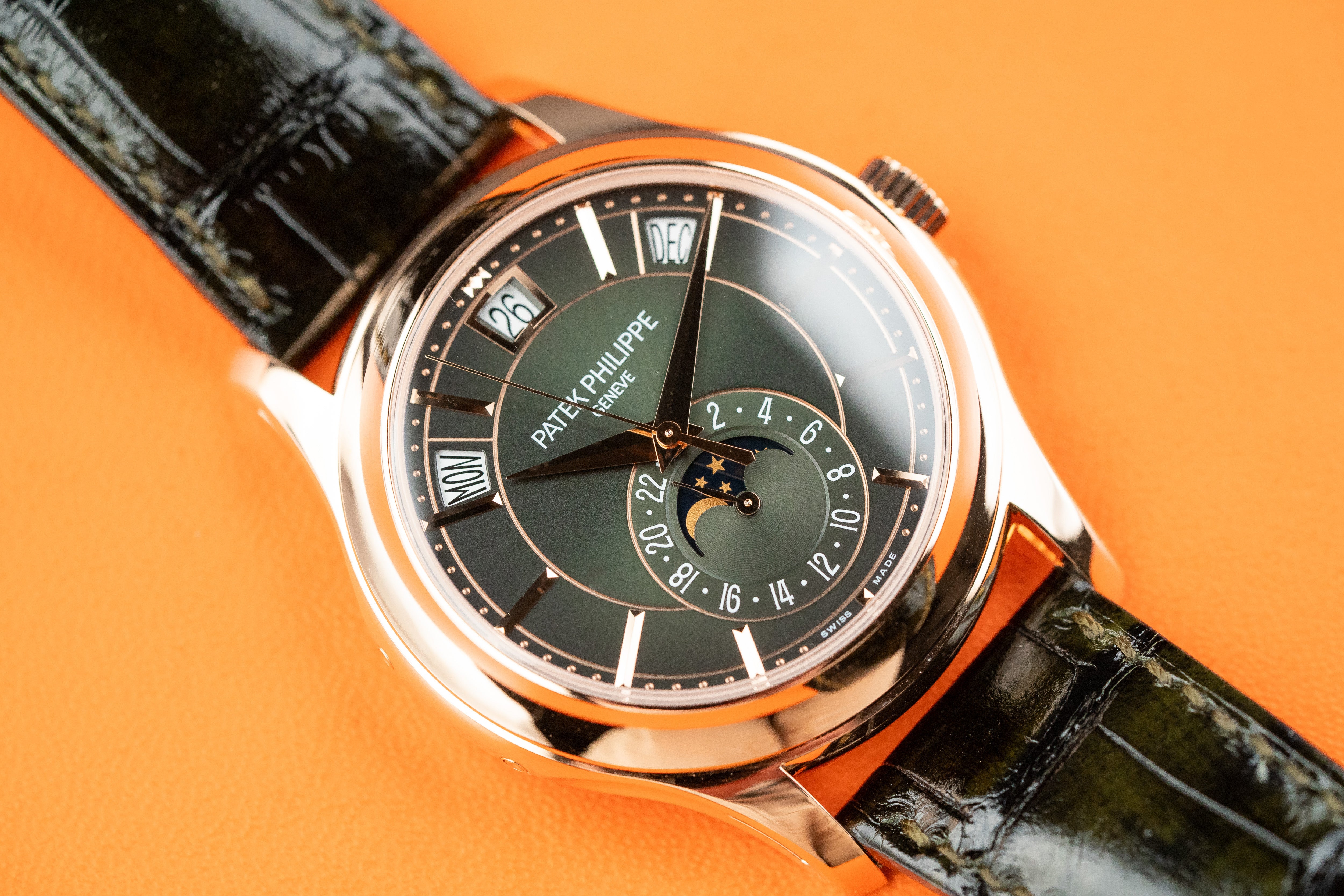 Patek Philippe Annual Calendar Moon Phases 5205R-011 In Rose Gold Olive Green