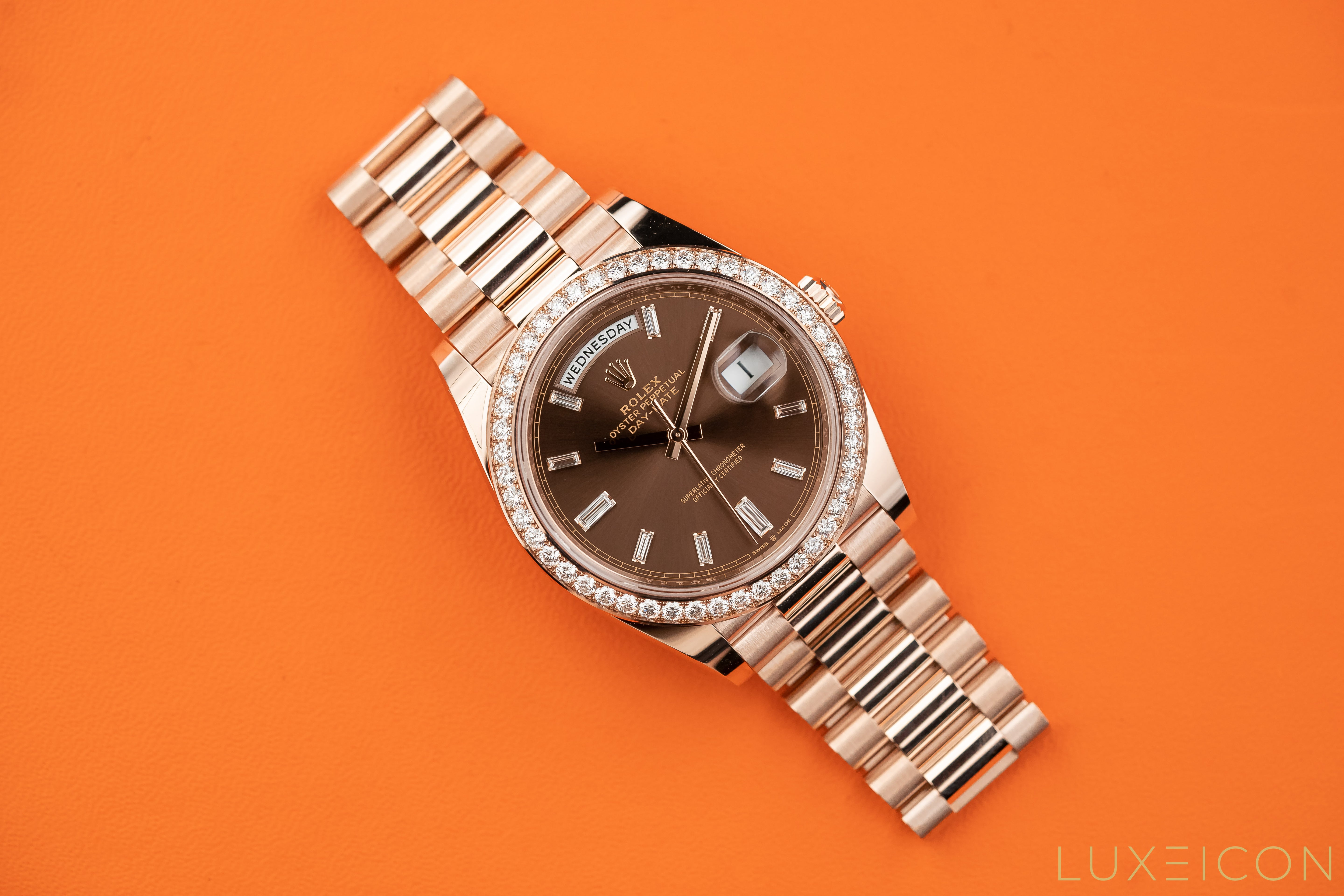 Rolex Day-Date President 40mm Chocolate Baguette Dial Diamond Bezel 228345RBR