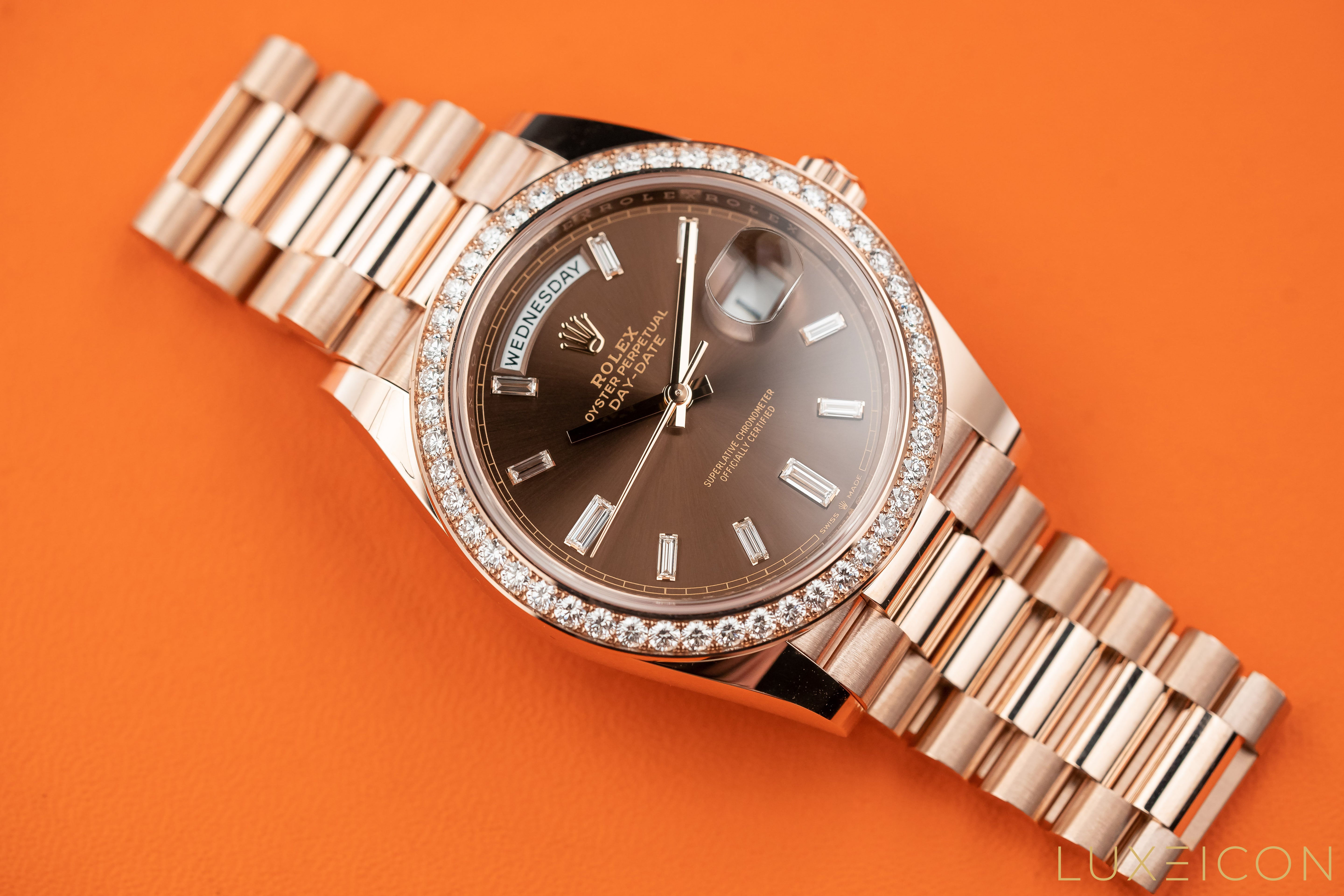 Rolex Day-Date President 40mm Chocolate Baguette Dial Diamond Bezel 228345RBR