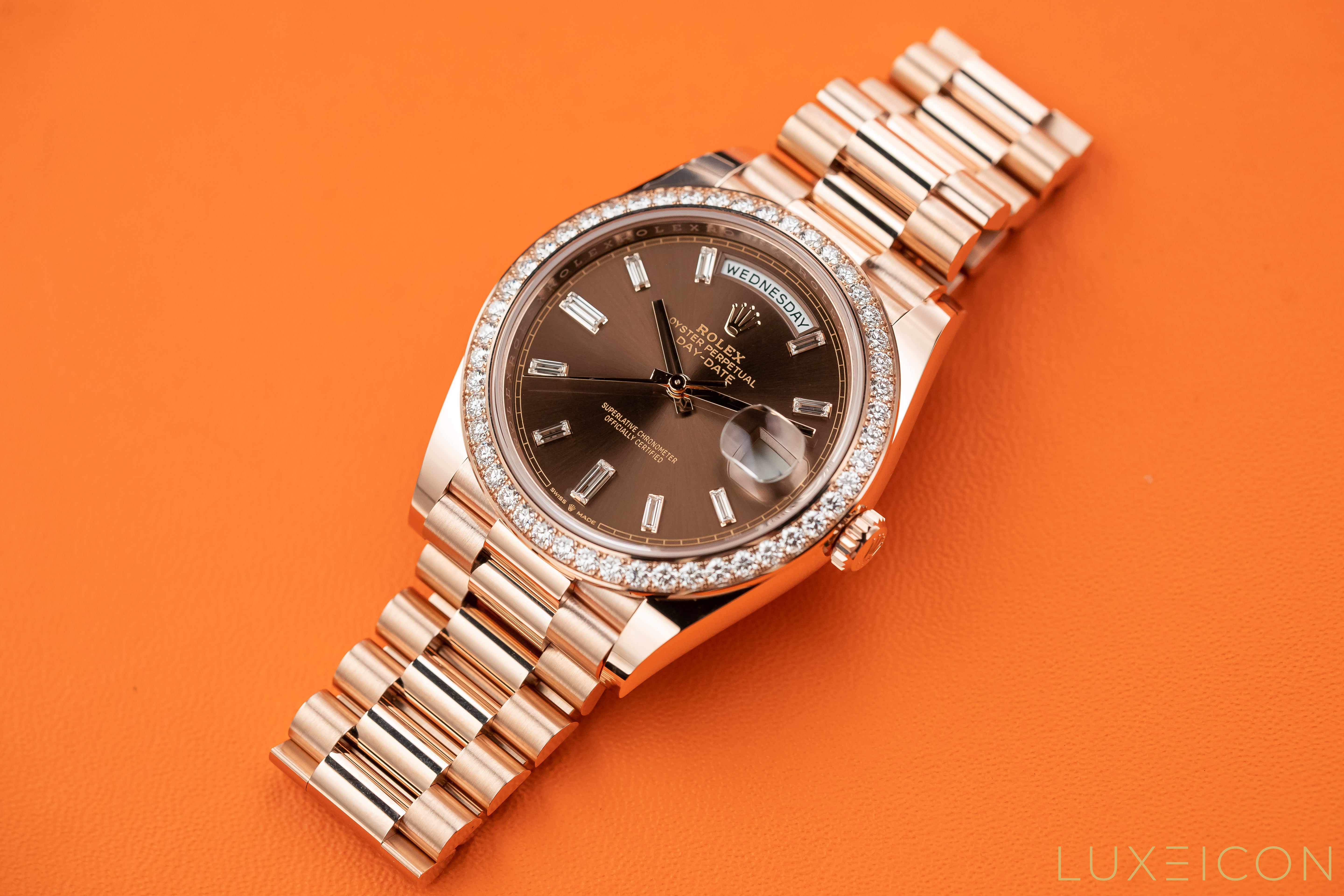 Rolex Day-Date President 40mm Chocolate Baguette Dial Diamond Bezel 228345RBR