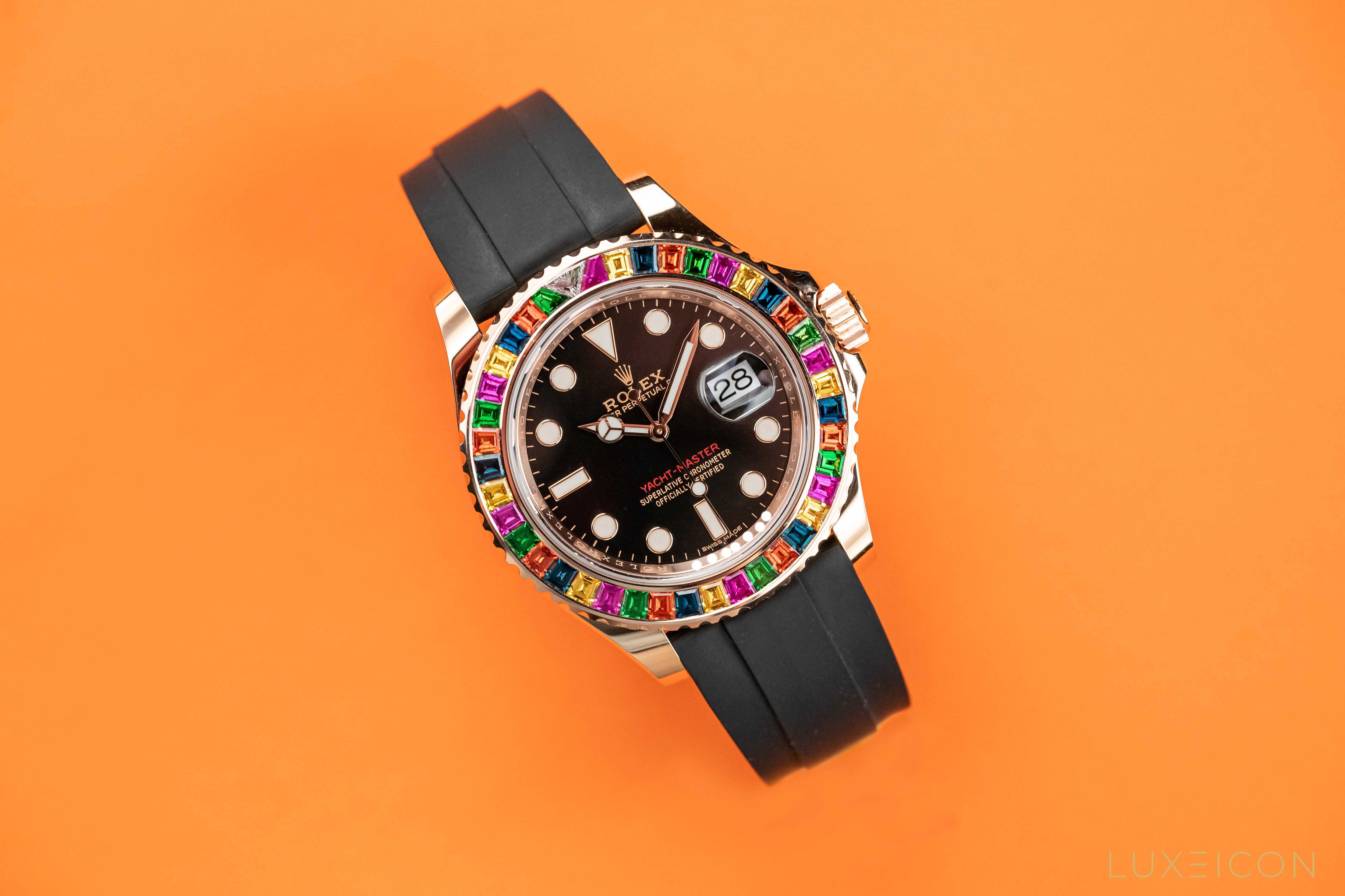 Rolex Yacht-Master Rose Gold Rainbow Diamond Bezel 116695SATS