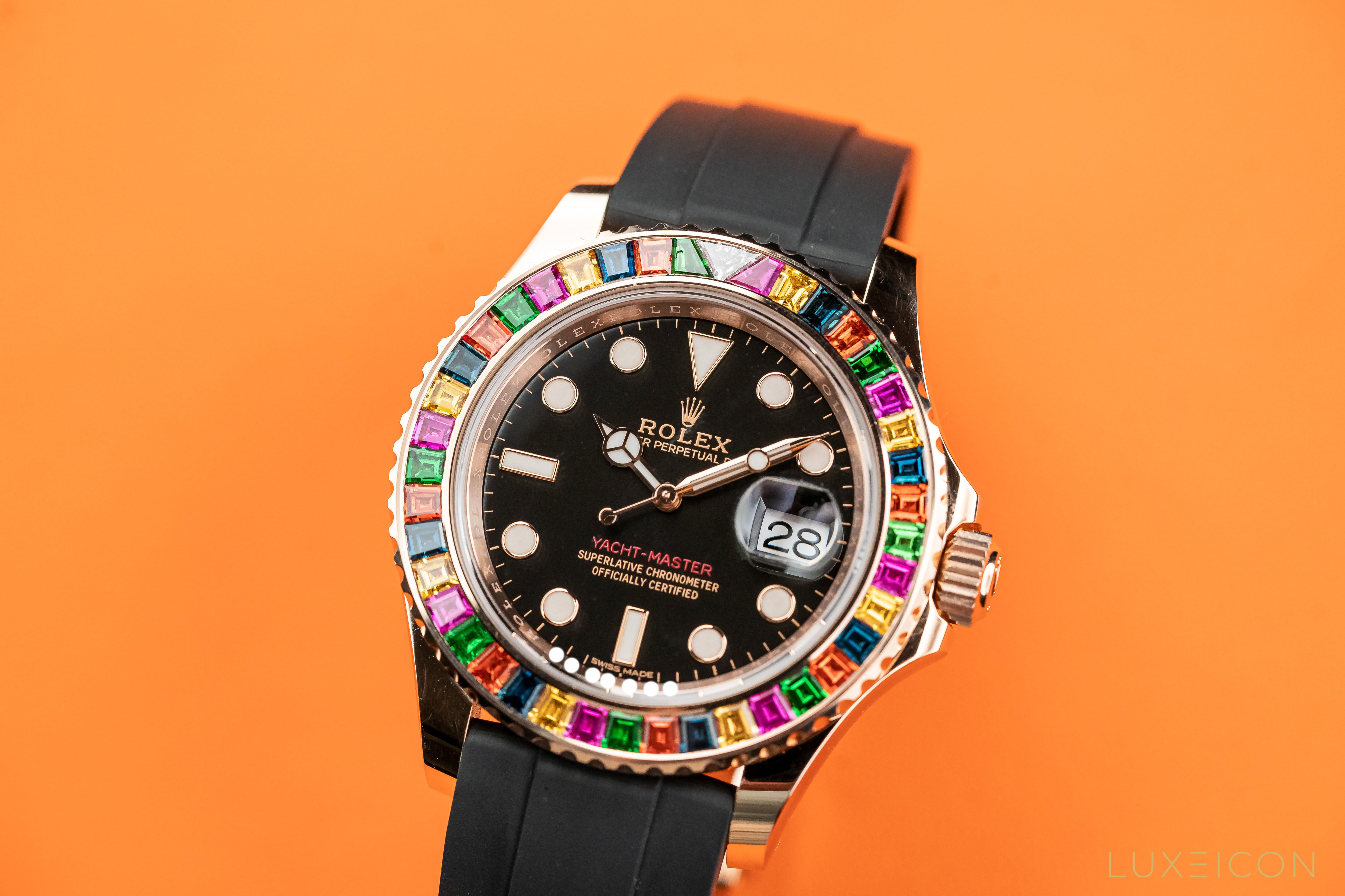 Rolex Yacht Master Rose Gold Rainbow Diamond Bezel 116695SATS