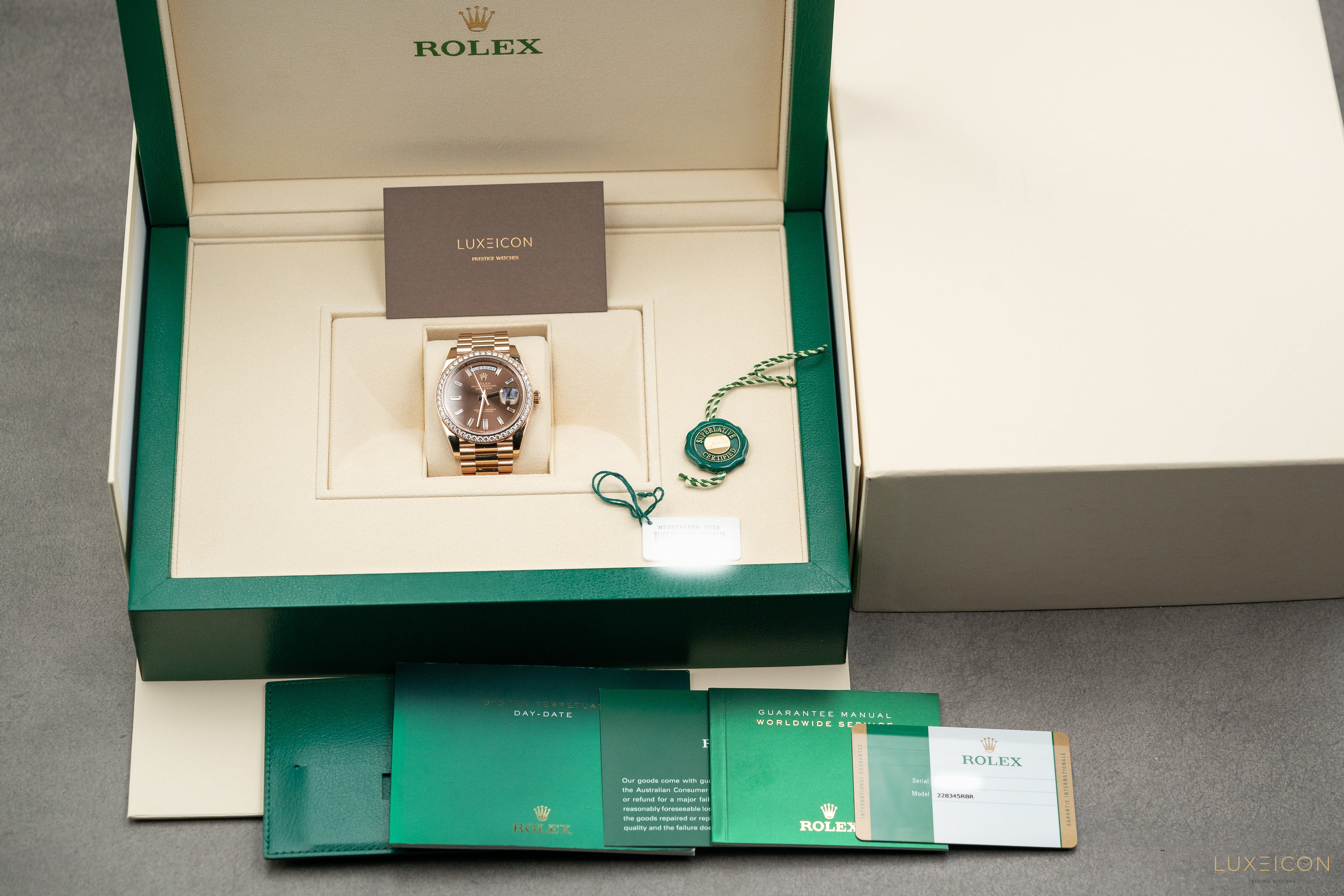 Rolex Day-Date President 40mm Chocolate Baguette Dial Diamond Bezel 228345RBR