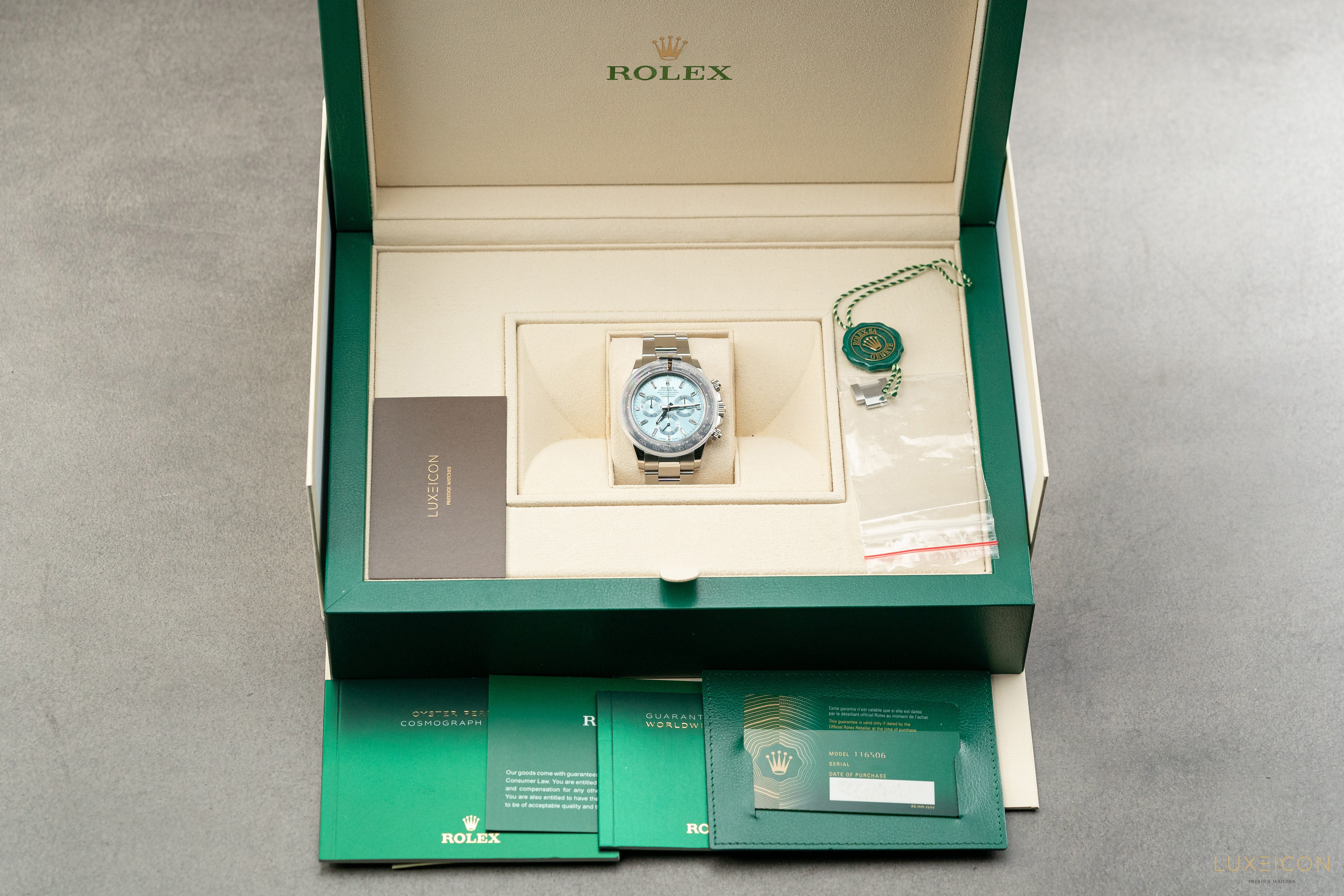 Rolex Daytona 40mm Ice Blue Baguette Index 116506 Platinum Oyster Bracelet