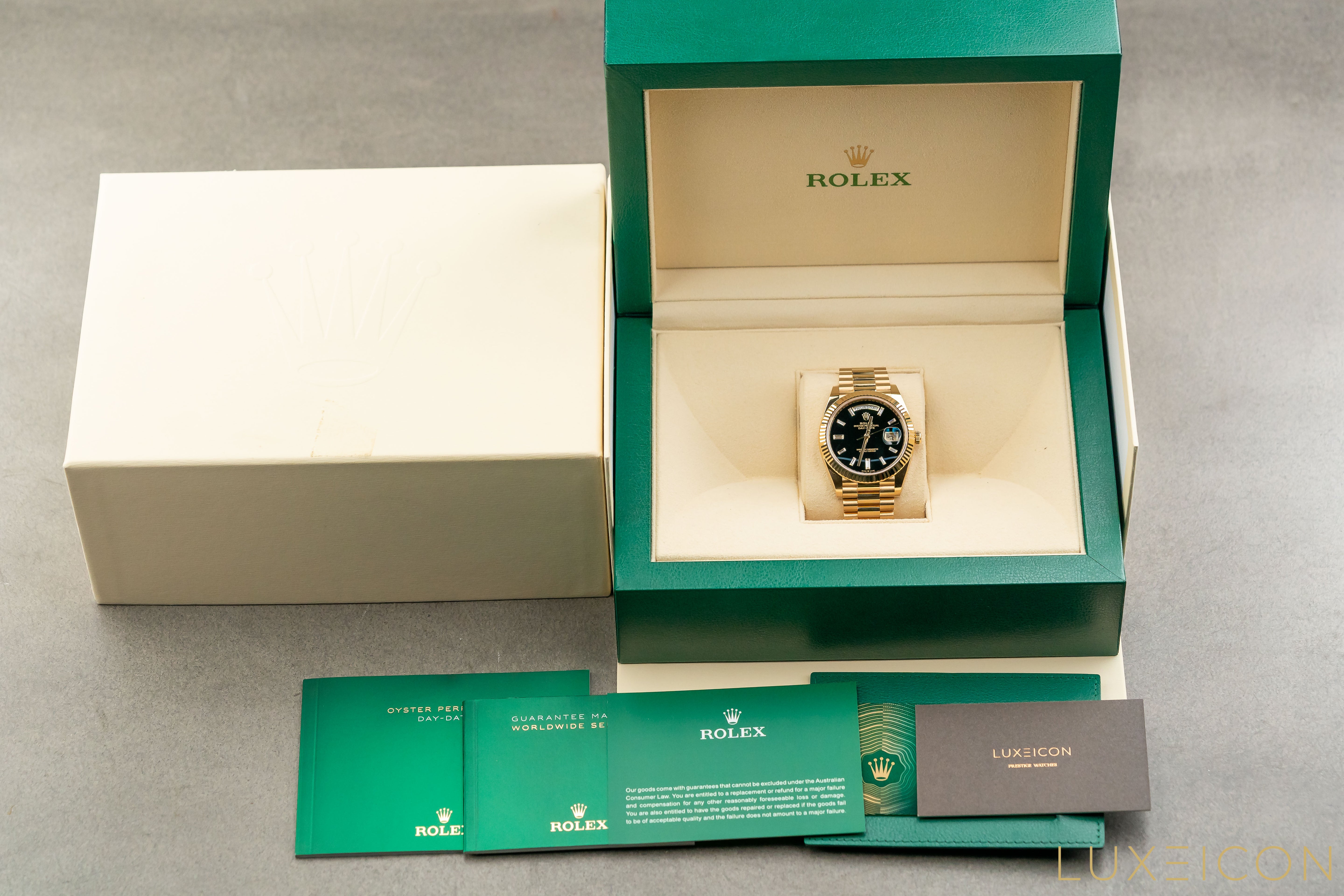 Rolex Day-Date Yellow Gold 40mm Black ONYX Baguette Dial 228238