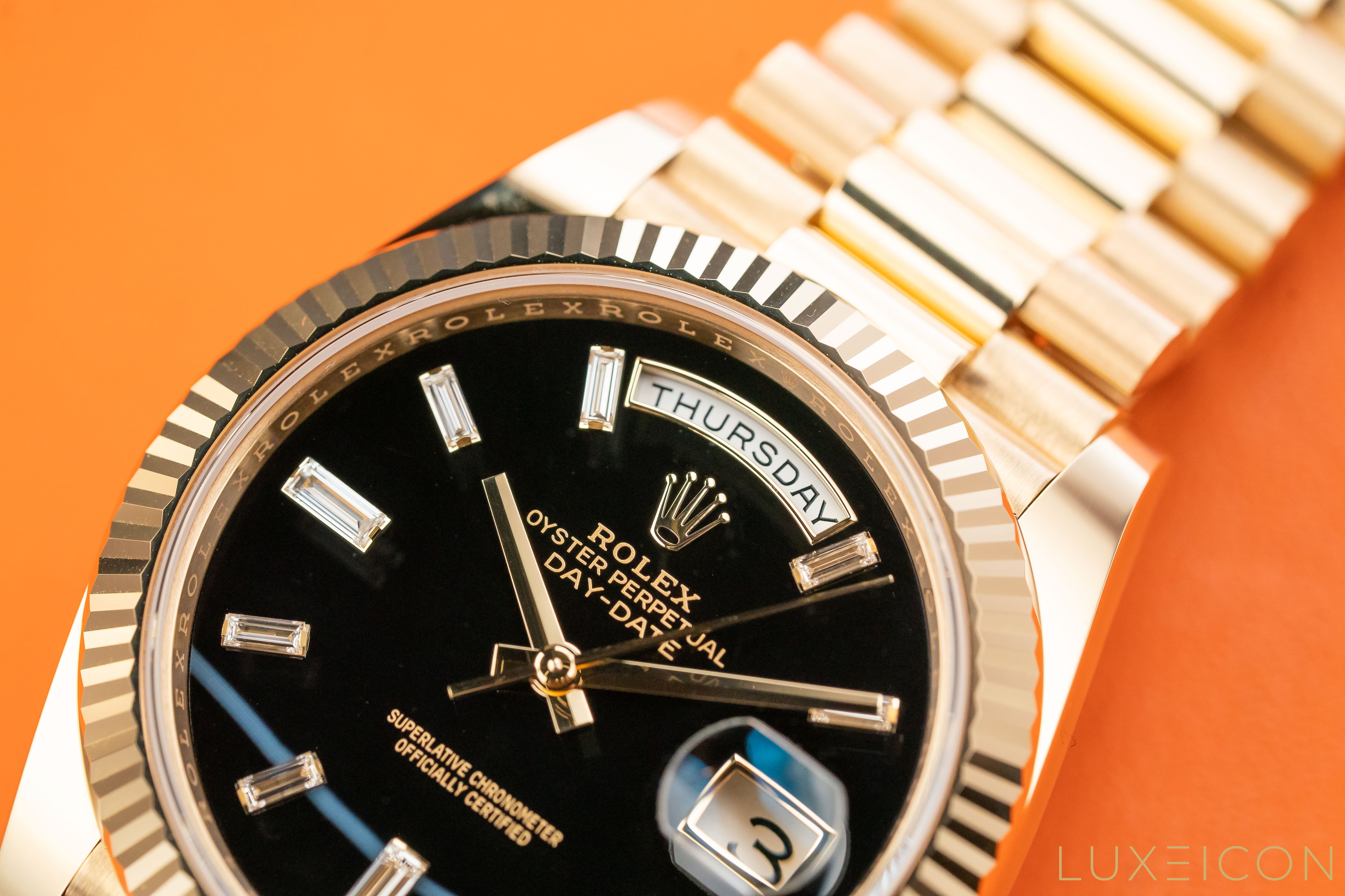 Rolex Day-Date Yellow Gold 40mm Black ONYX Baguette Dial 228238 2025