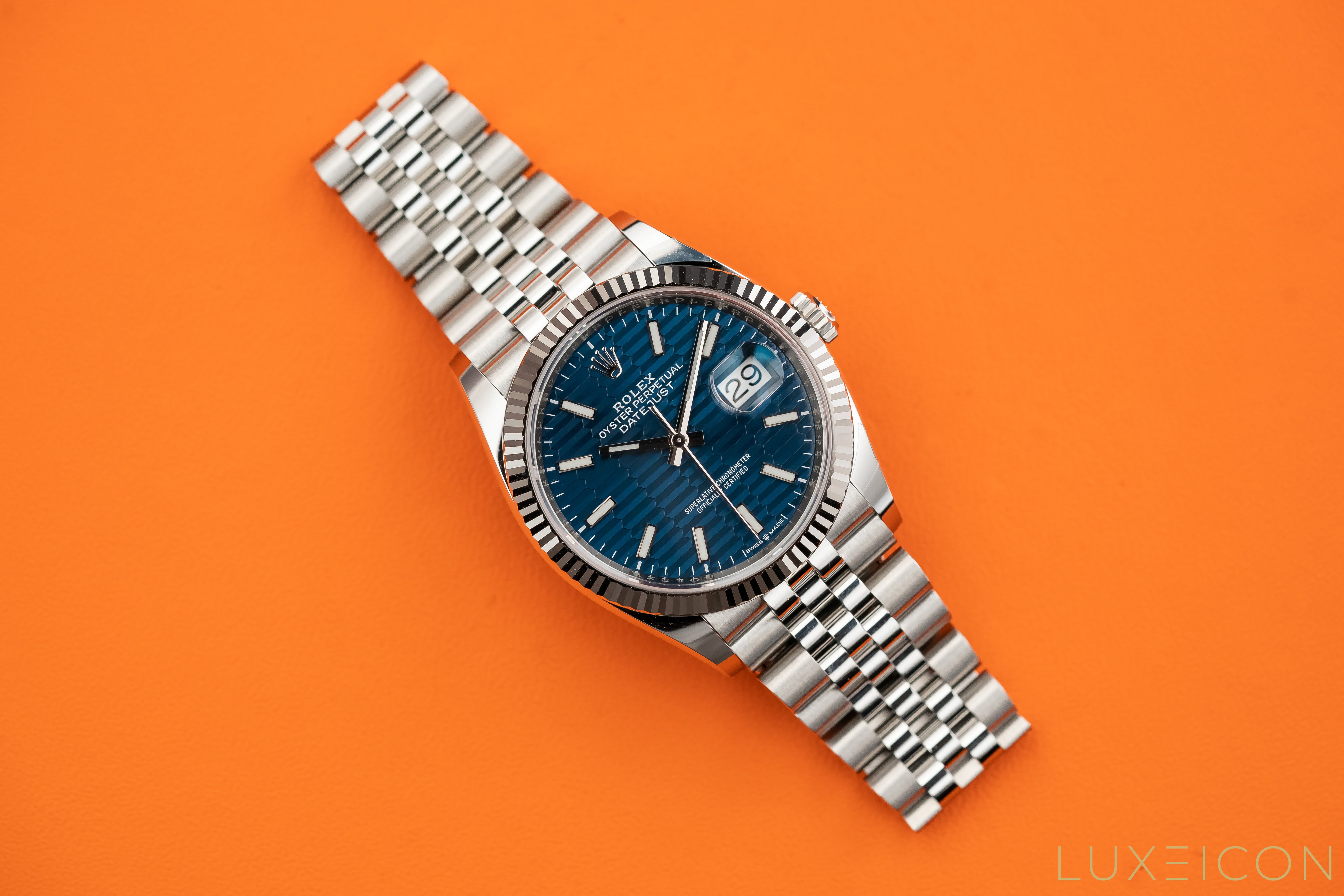 Rolex Datejust 36mm Blue Motif Wave Dial Fluted 126234 Stainless Steel Jubilee Bracelet 2021