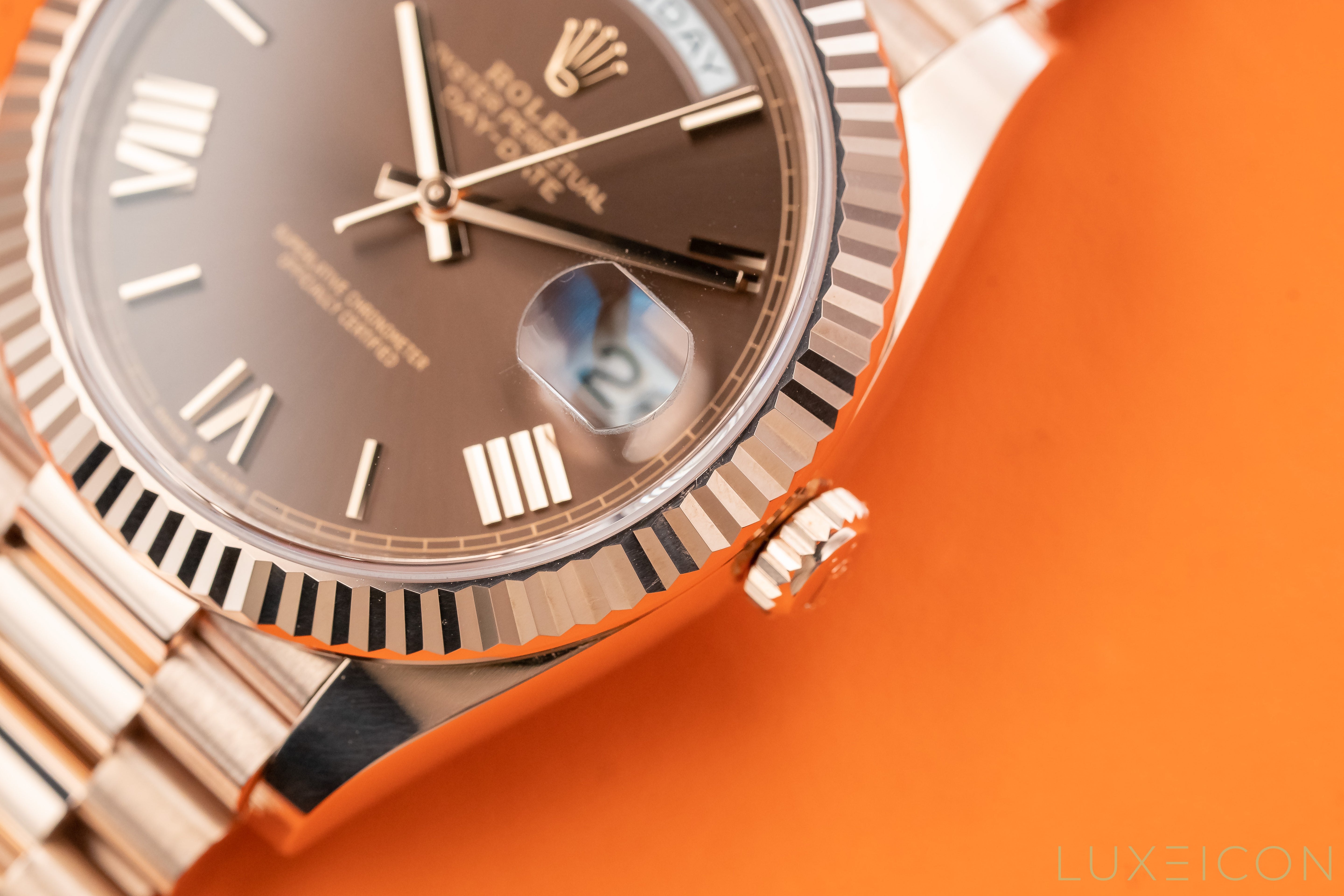 Rolex Day-Date 40mm Rose Gold Chocolate Roman Dial Fluted Bezel 228235