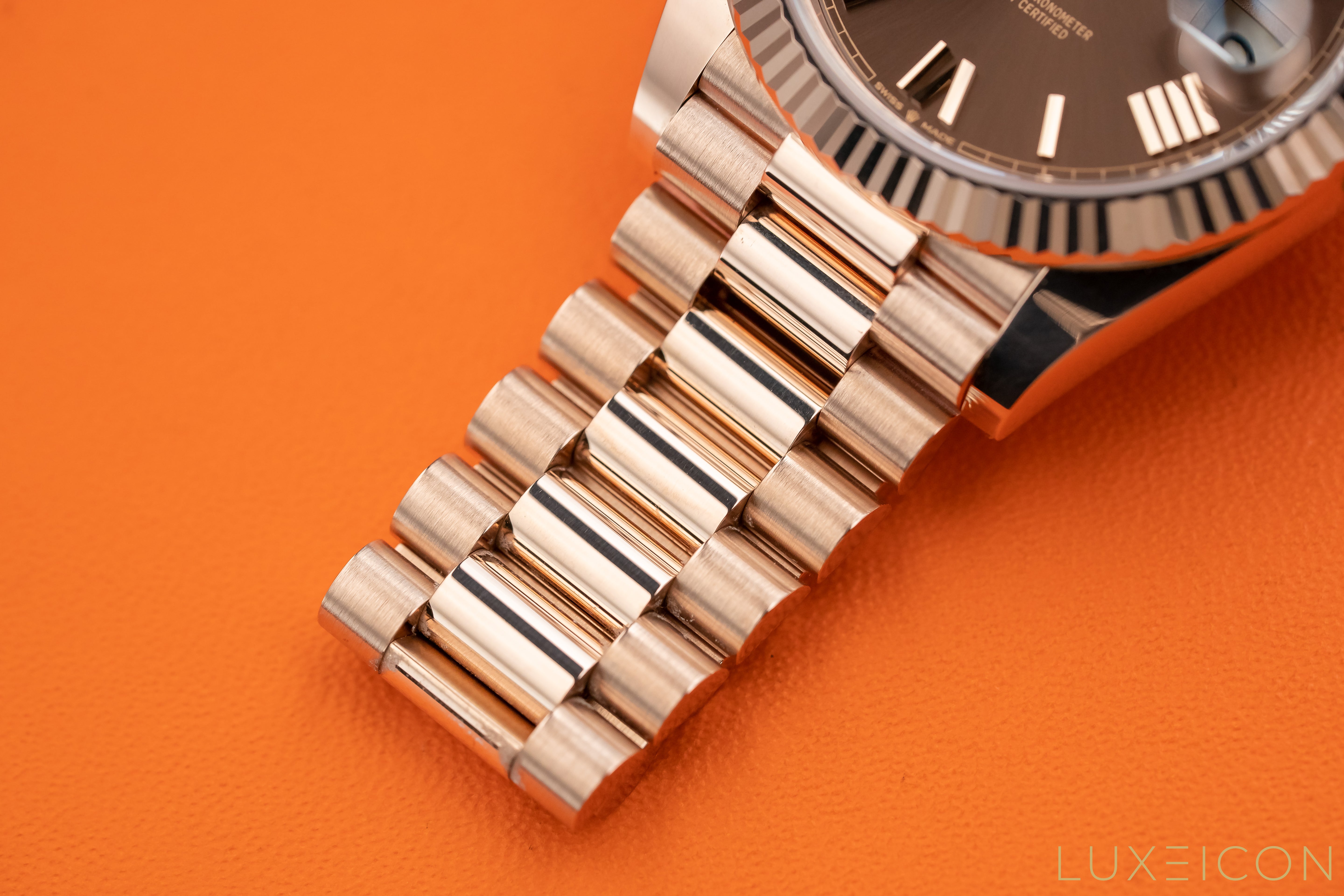 Rolex Day-Date 40mm Rose Gold Chocolate Roman Dial Fluted Bezel 228235