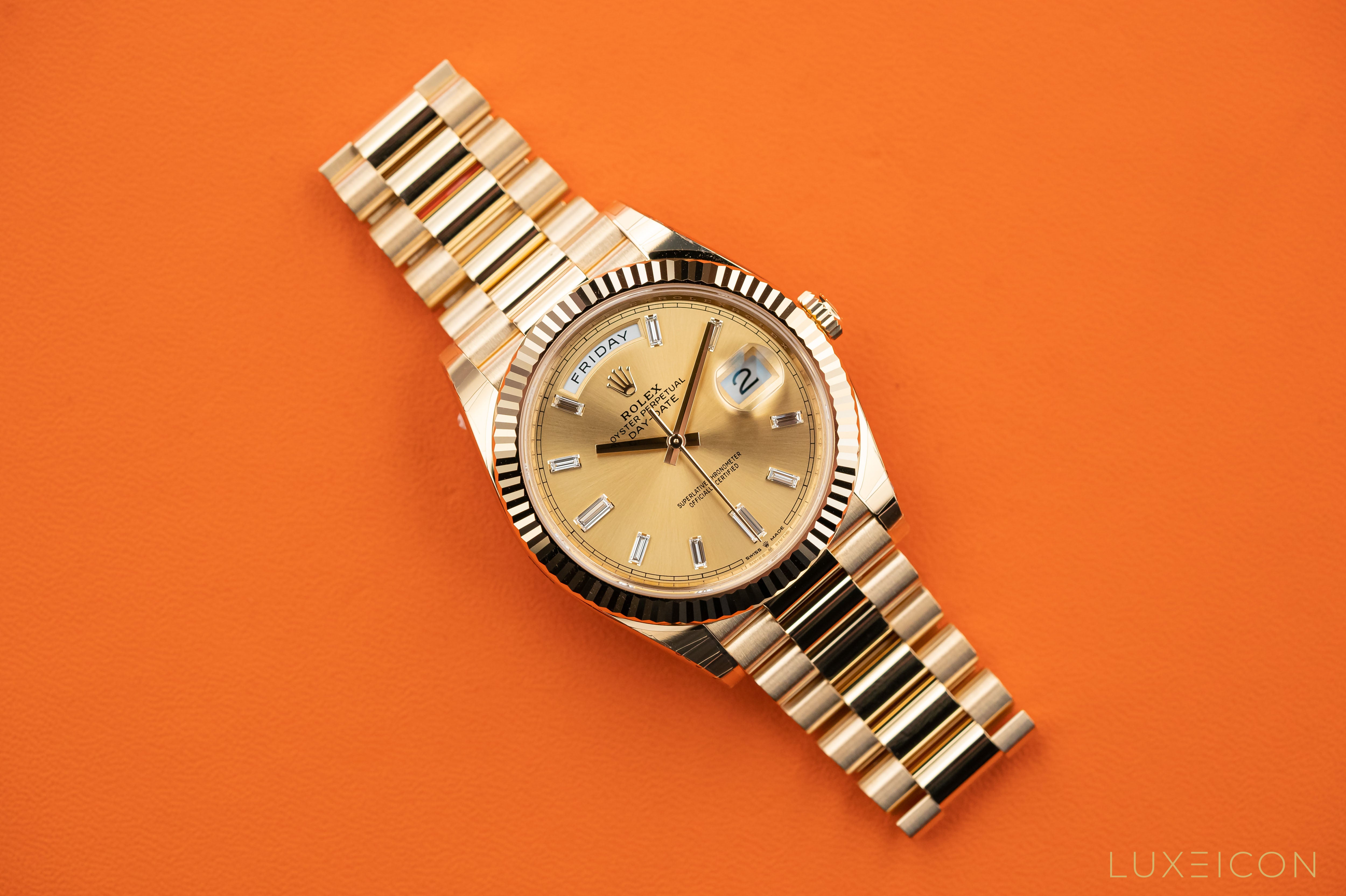 Rolex Day-Date 40mm Champagne 18K Yellow Gold President Diamond Baguette