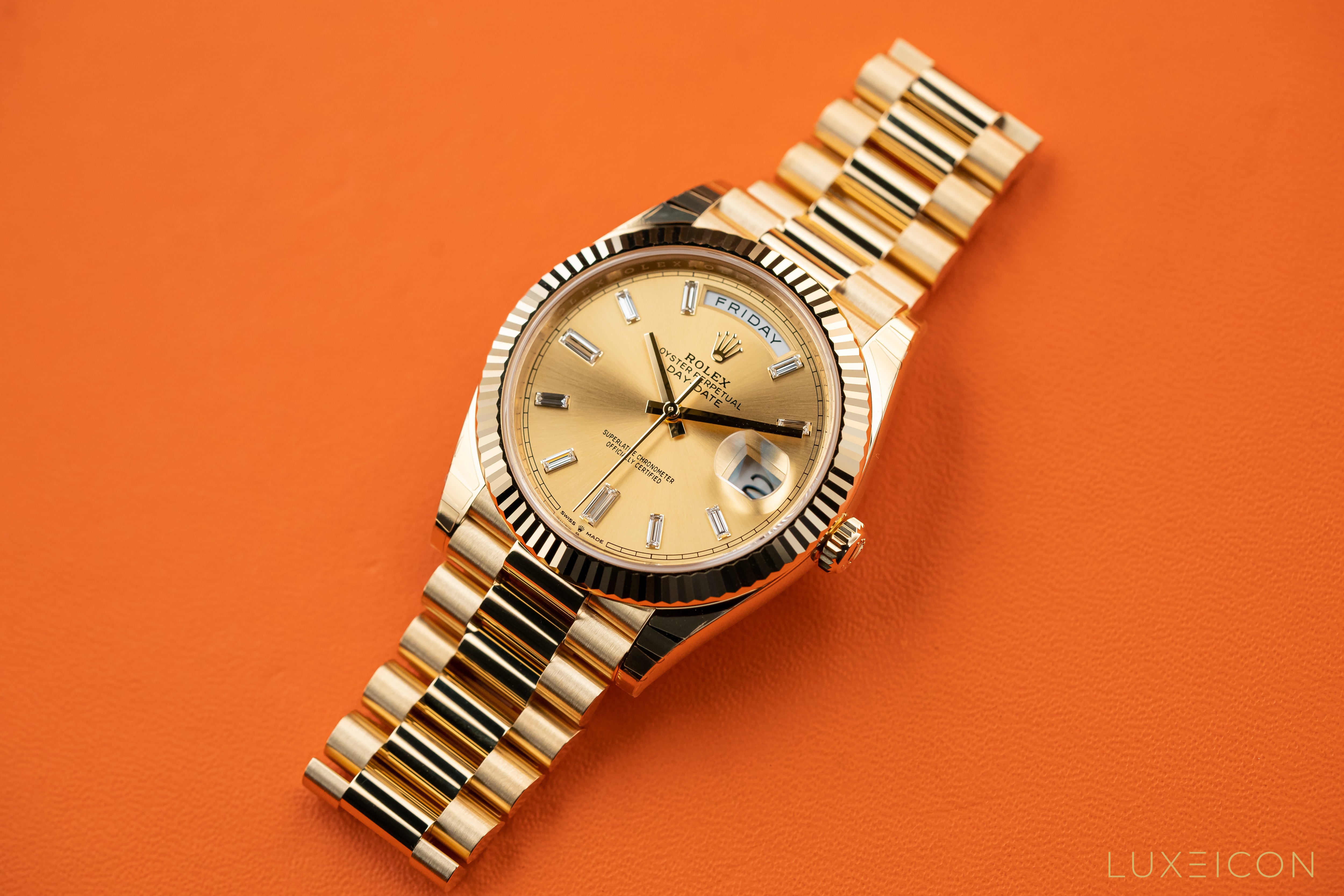 Rolex Day-Date 40mm Champagne 18K Yellow Gold President Diamond Baguette