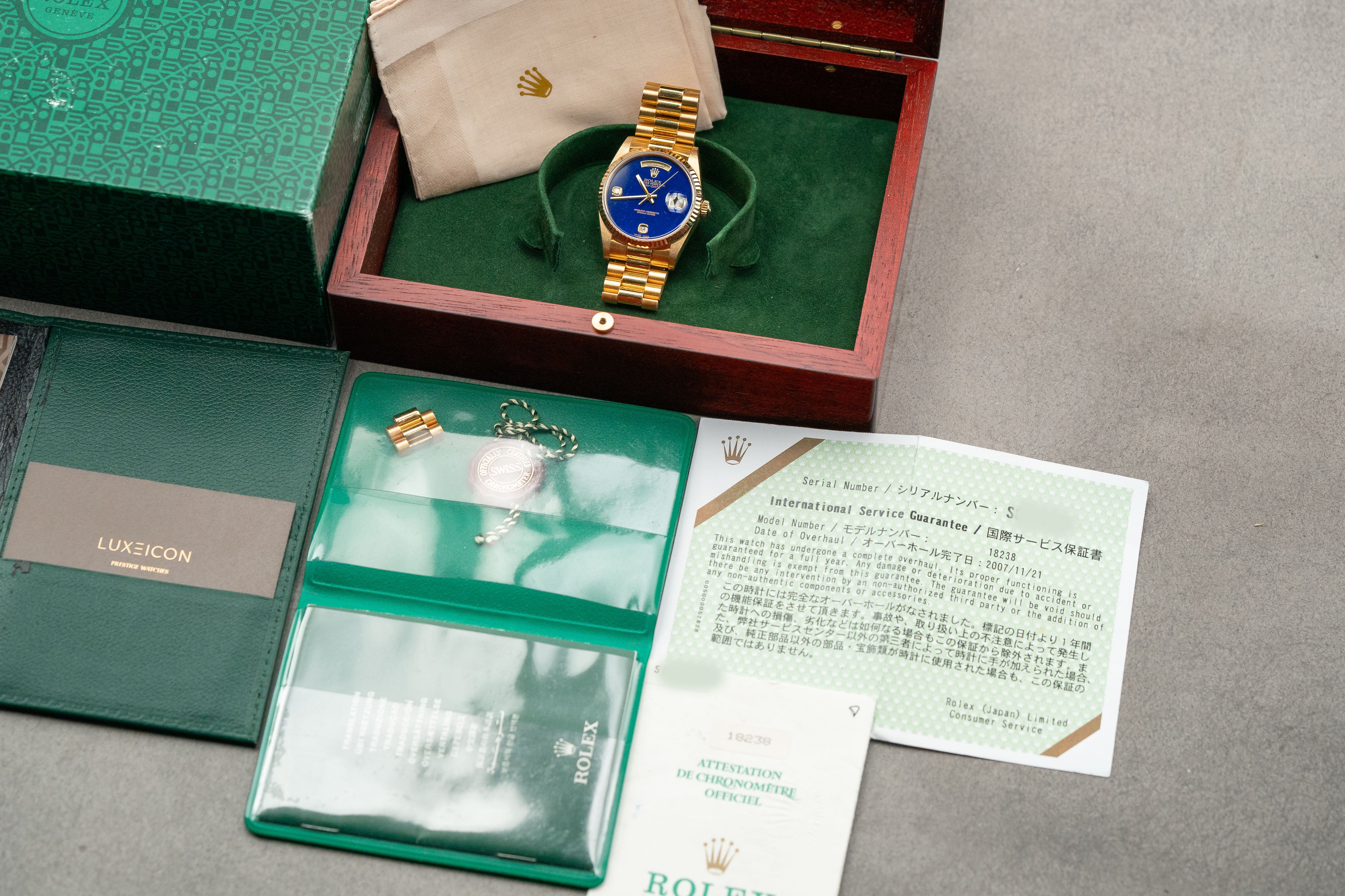 Rolex Day-Date 36mm Lapis Lazuli Stone Dial 18238 1995 collector’s complete set