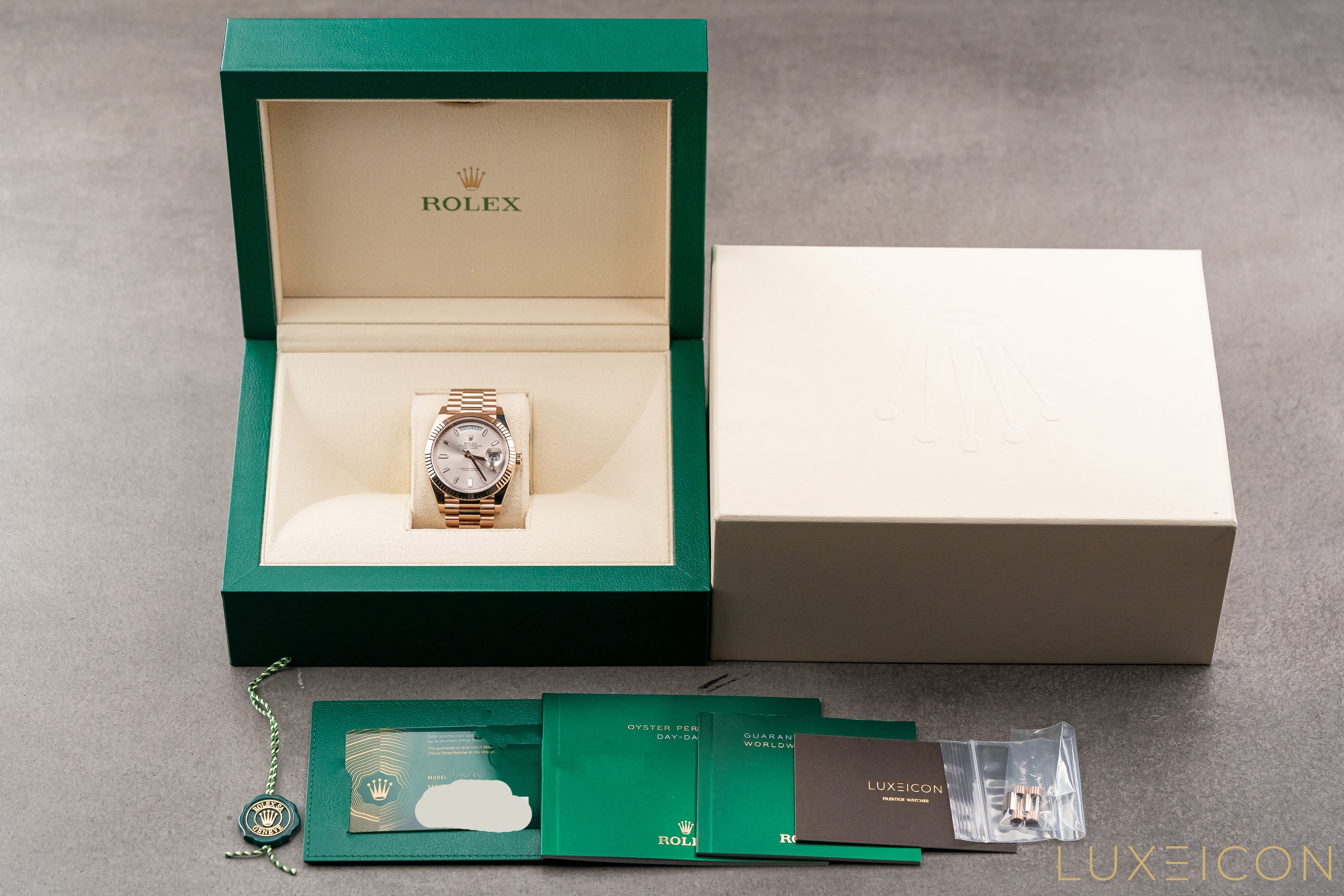 Rolex Day-Date 40MM Sundust Baguette Diamond Dial Rose President 228235