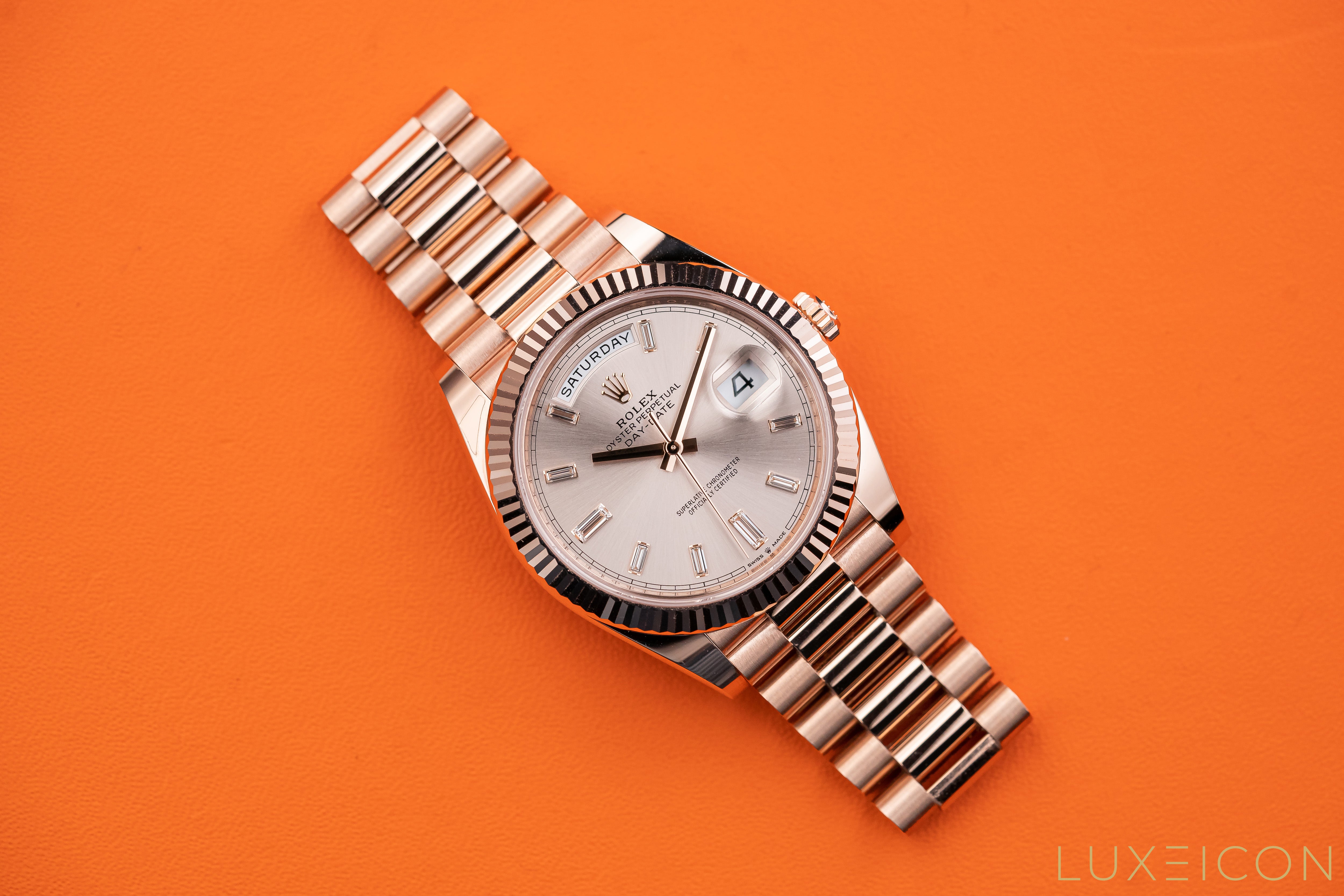 Rolex Day-Date 40MM Sundust Baguette Diamond Dial Rose President 228235