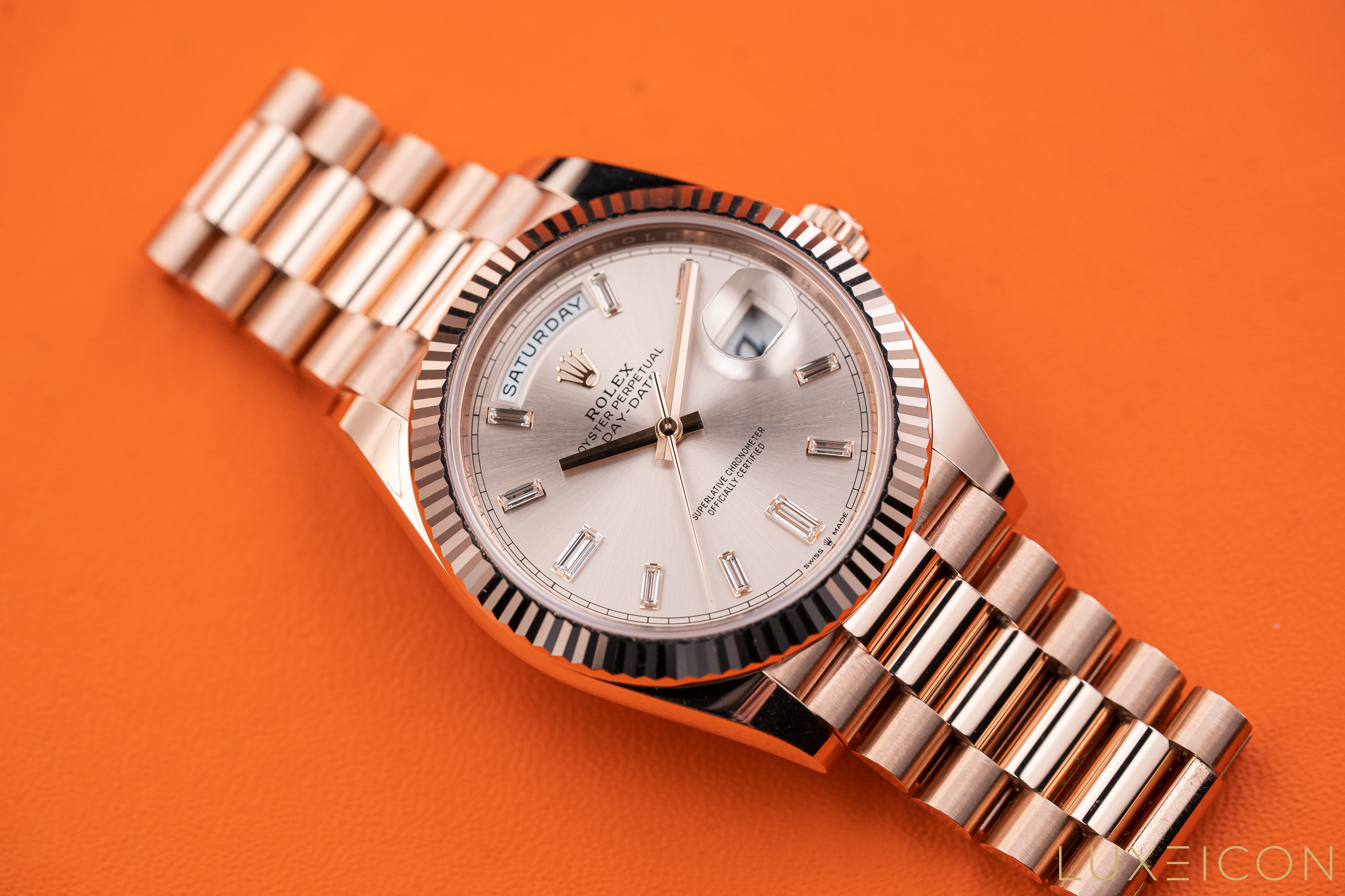 Rolex Day-Date 40MM Sundust Baguette Diamond Dial Rose President 228235