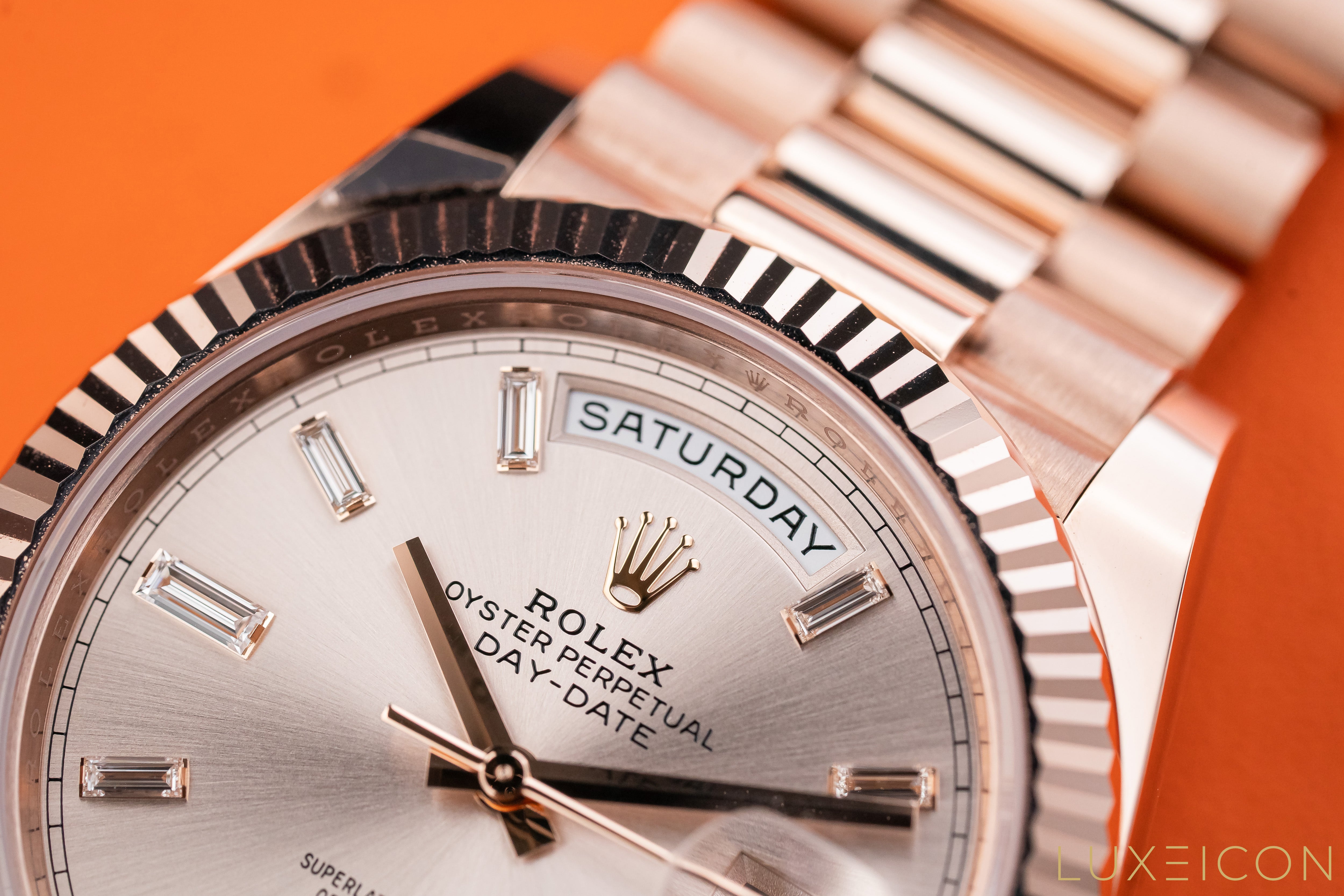 Rolex Day-Date 40MM Day-Date Sundust Baguette Diamond Dial Rose President 228235