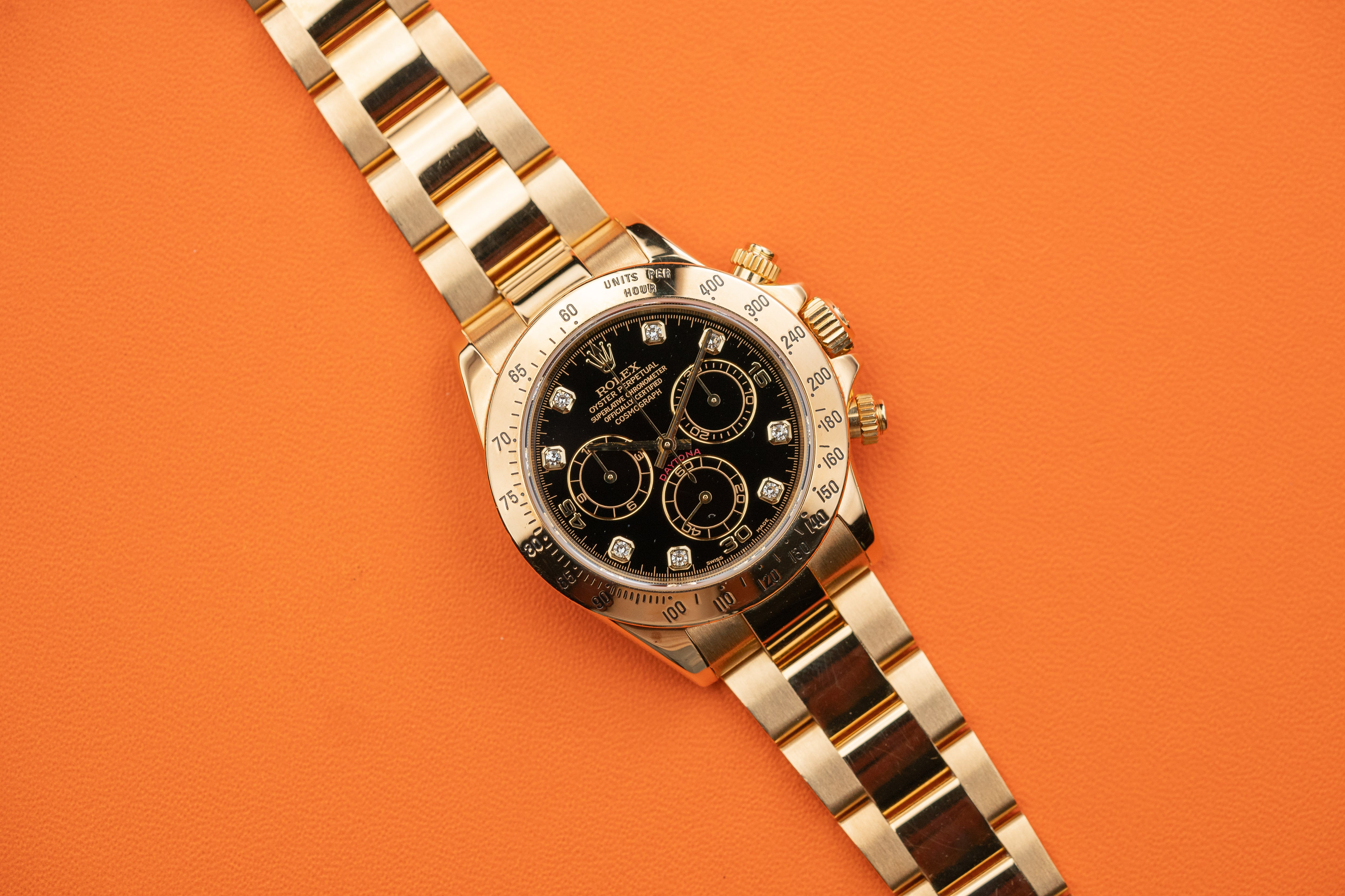 Rolex Daytona Chronograph 116528 18k Yellow Gold Black Diamond Dial 2005