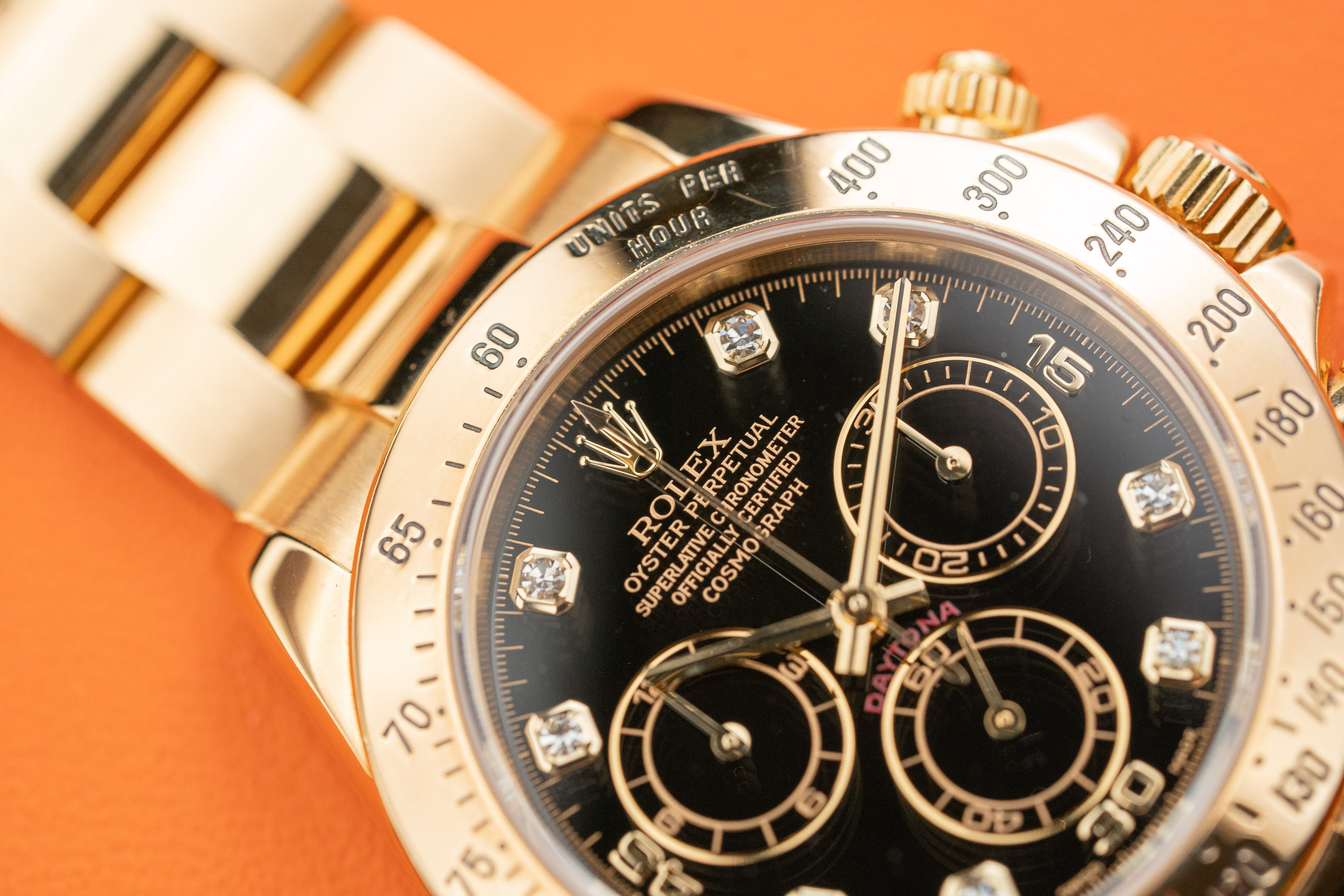 Rolex Daytona Chronograph 116528 18k Yellow Gold Black Diamond Dial 2005