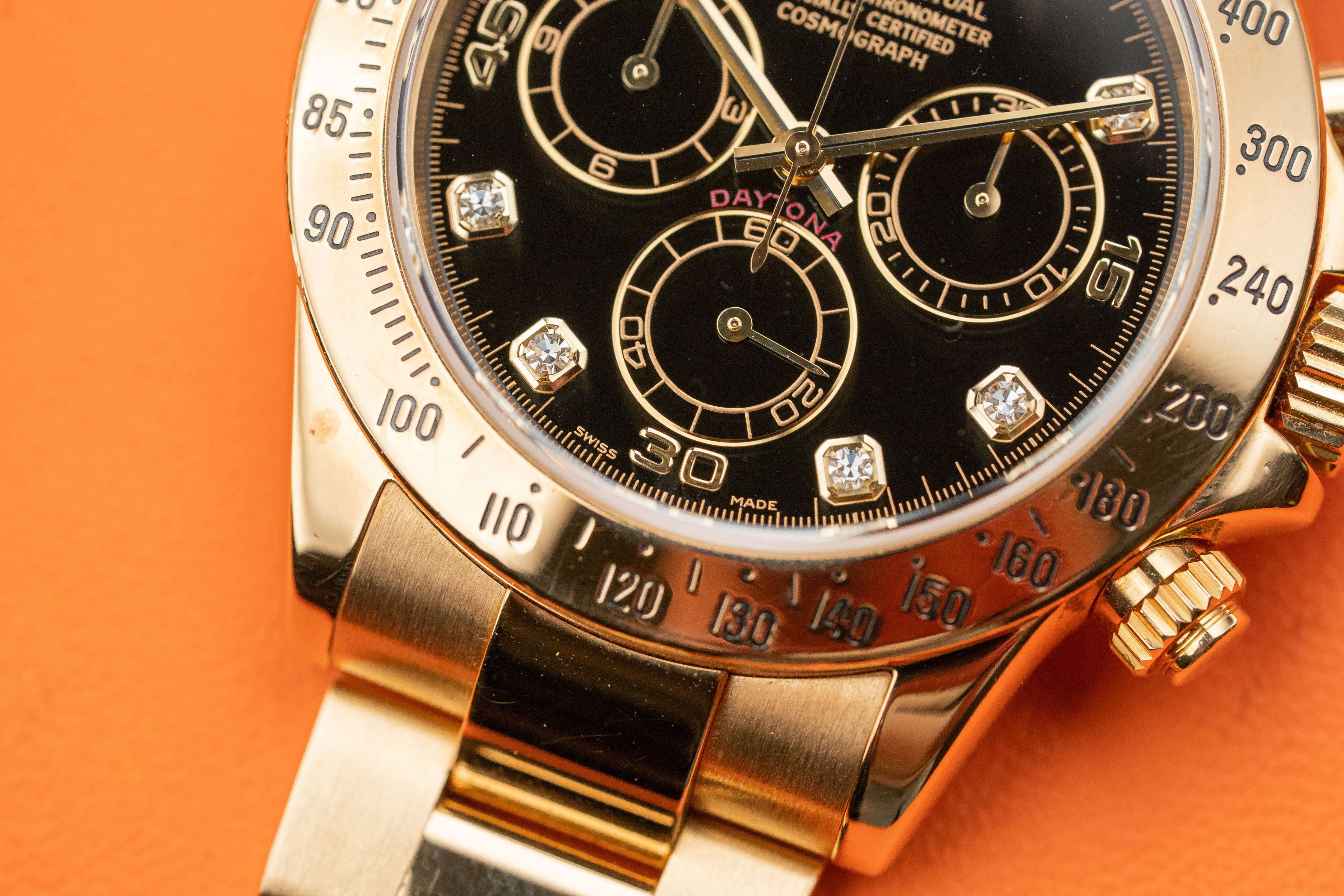 Rolex Daytona Chronograph 116528 18k Yellow Gold Black Diamond Dial 2005