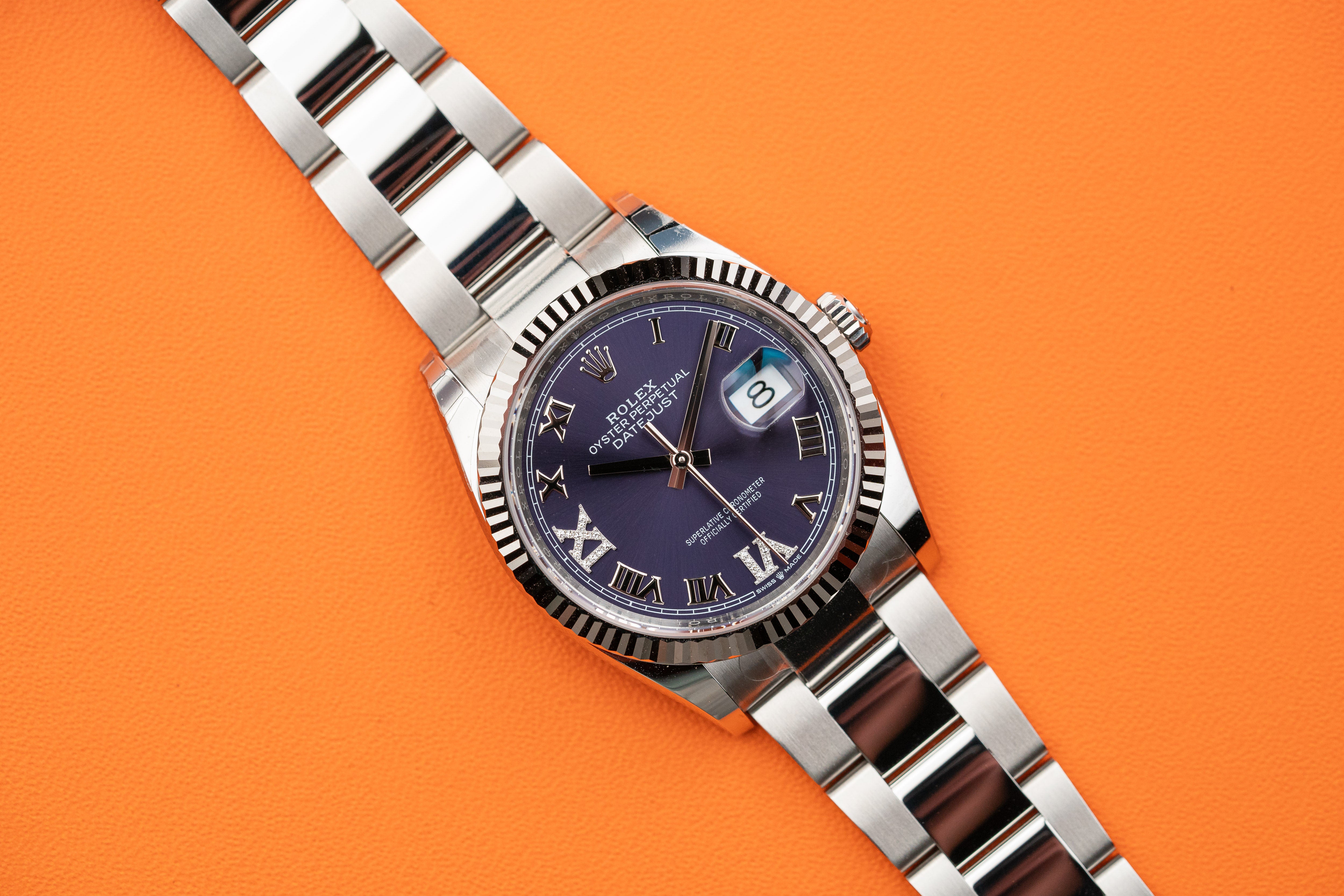 Rolex Datejust 126234 36mm Fluted Bezel Aubergine Purple Diamond Roman VI and IX Dial Oyster Bracelet