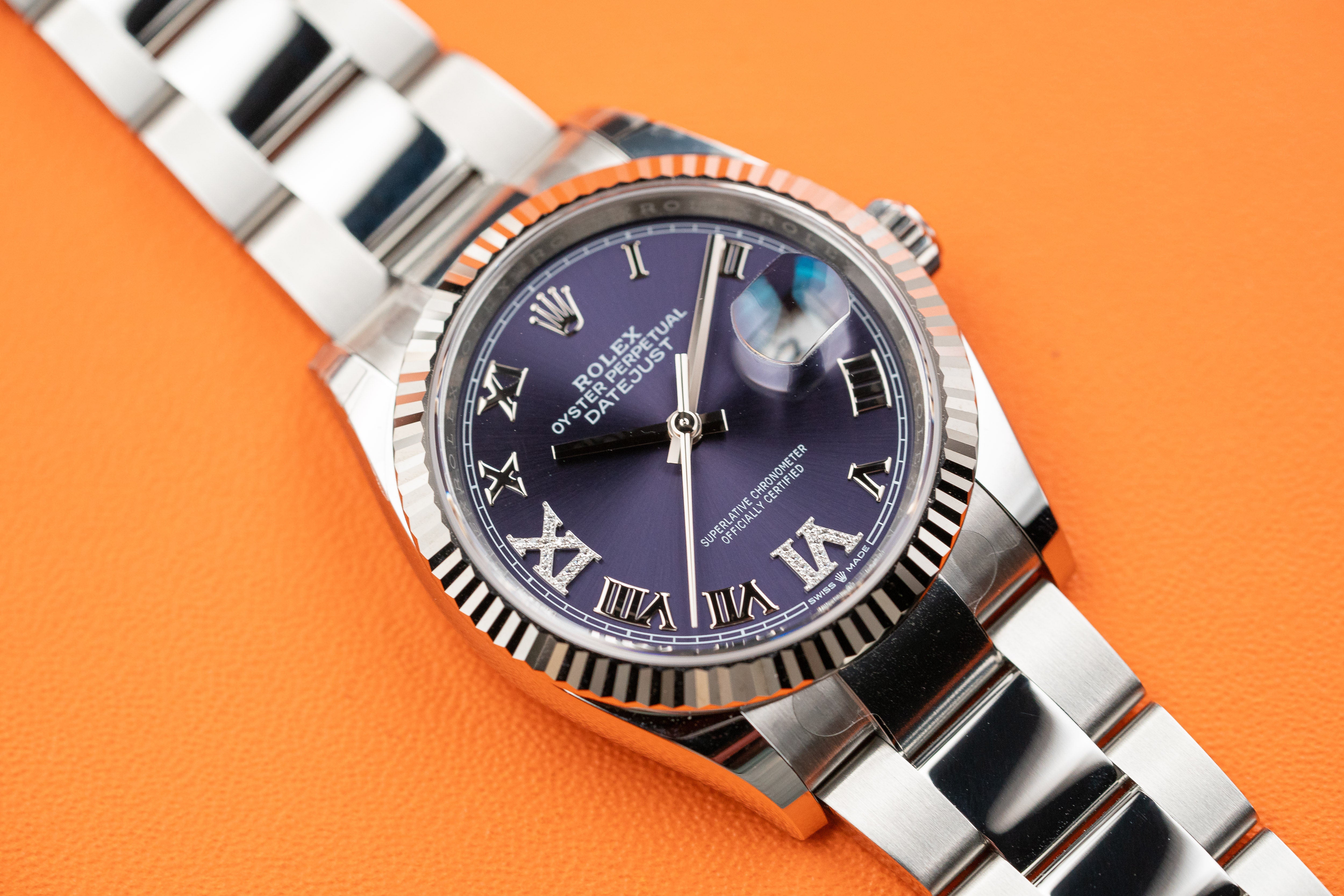 Rolex Datejust 126234 36mm Fluted Bezel Aubergine Purple Diamond Roman VI and IX Dial Oyster Bracelet